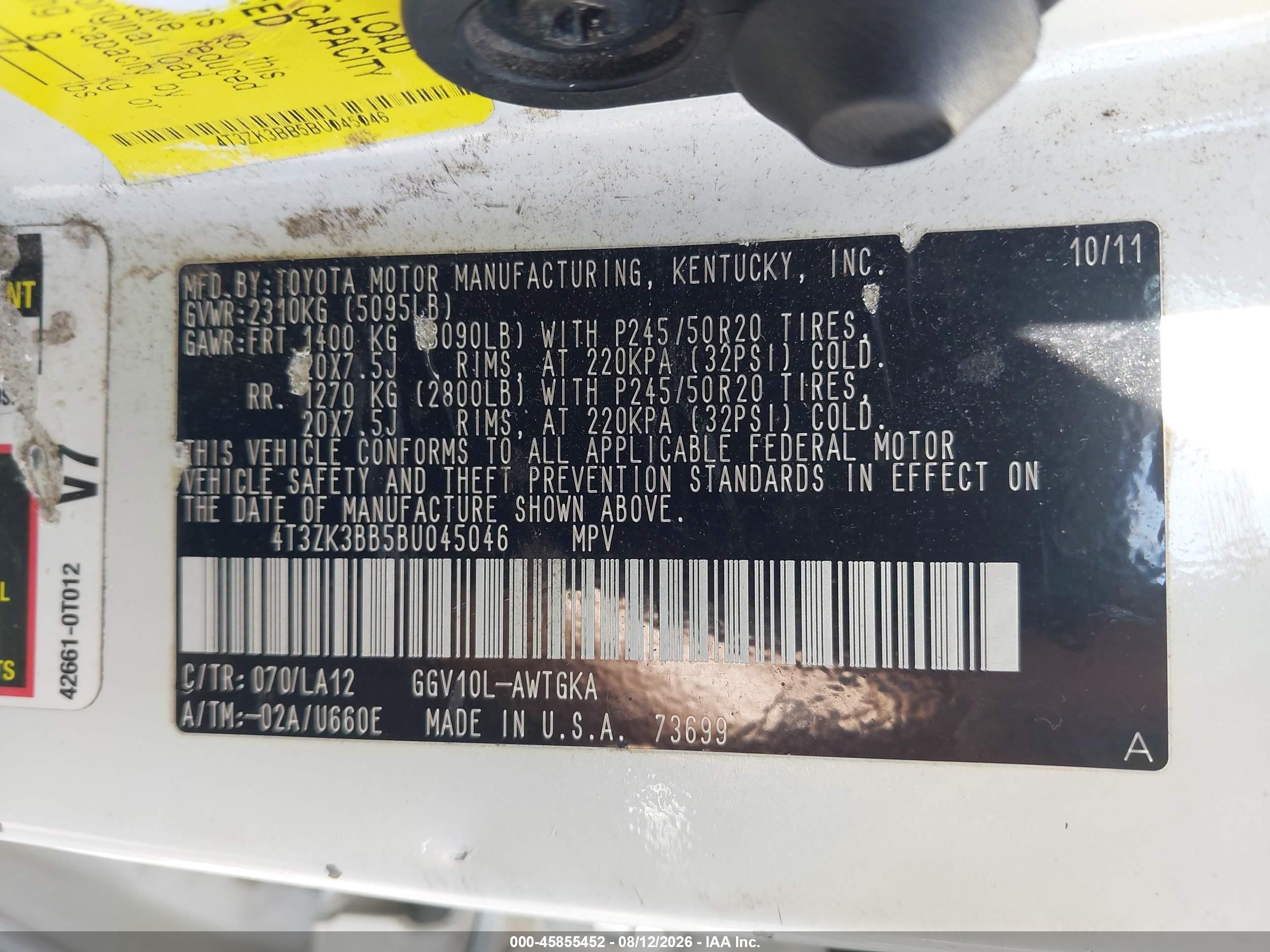 2011 Toyota Venza Base V6 White vin: 4T3ZK3BB5BU045046