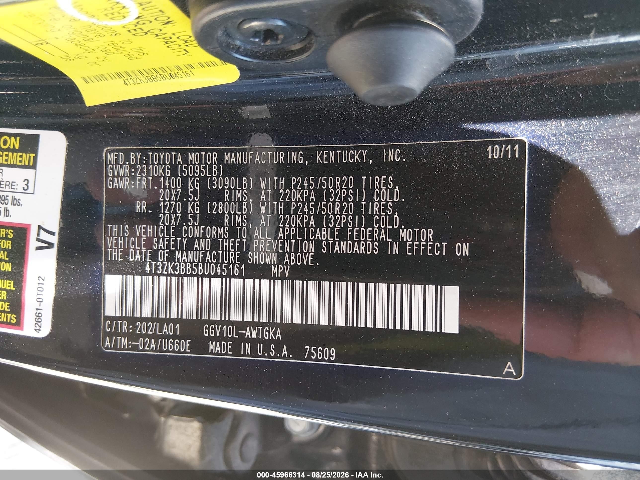 2011 Toyota Venza Base V6 Black vin: 4T3ZK3BB5BU045161