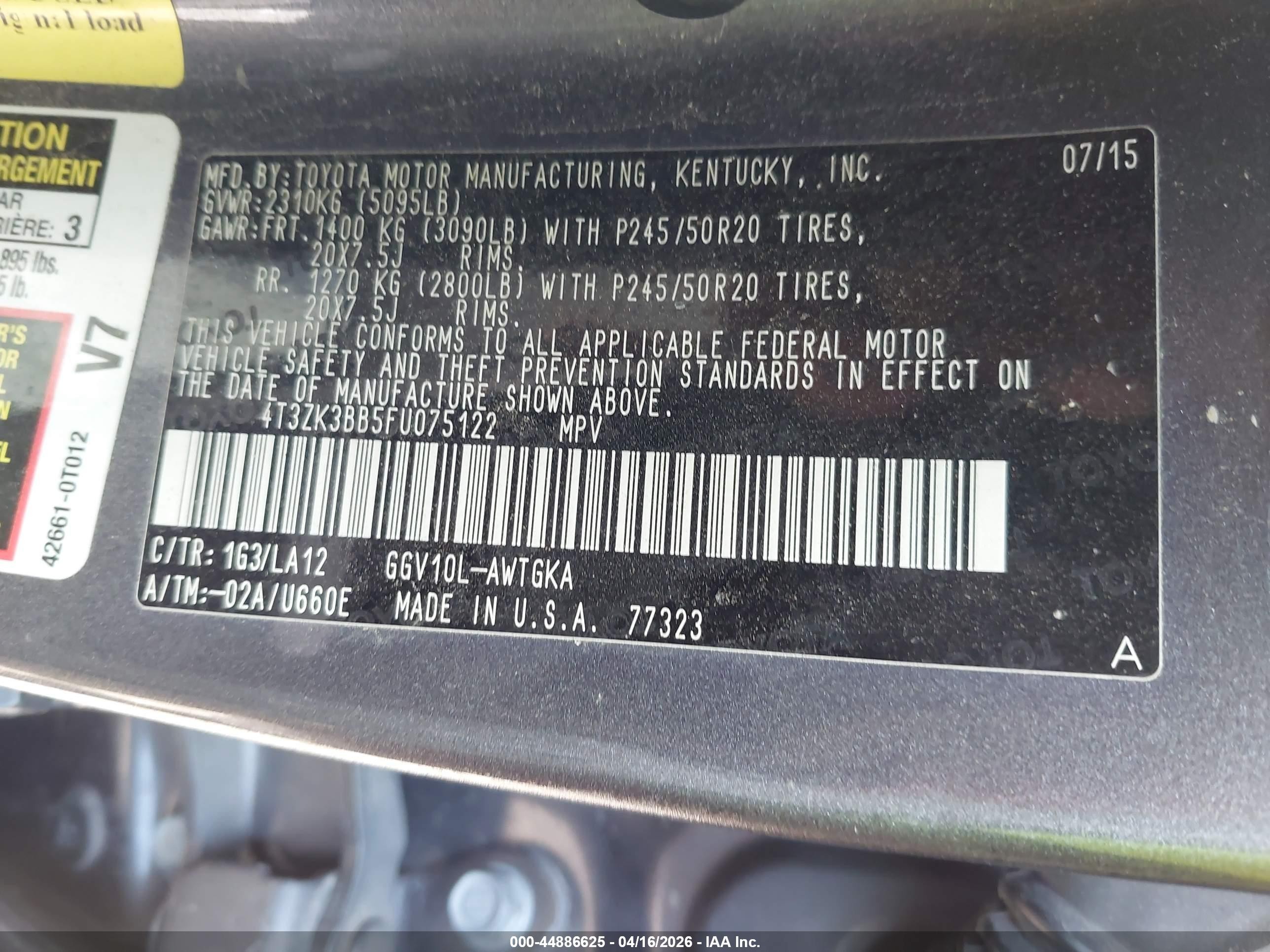 2015 Toyota Venza Xle V6 Gray vin: 4T3ZK3BB5FU075122