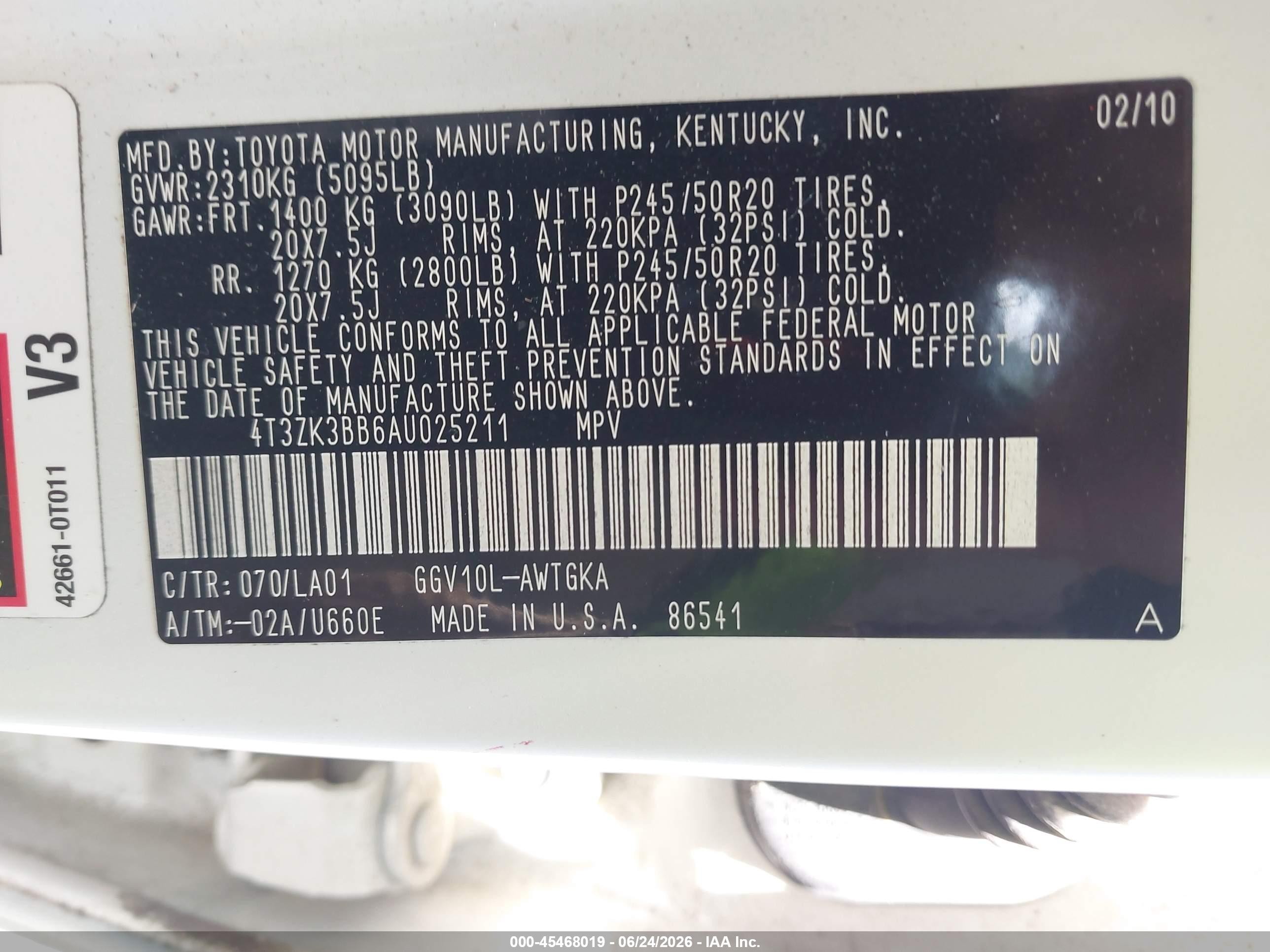 2010 Toyota Venza Base V6 White vin: 4T3ZK3BB6AU025211