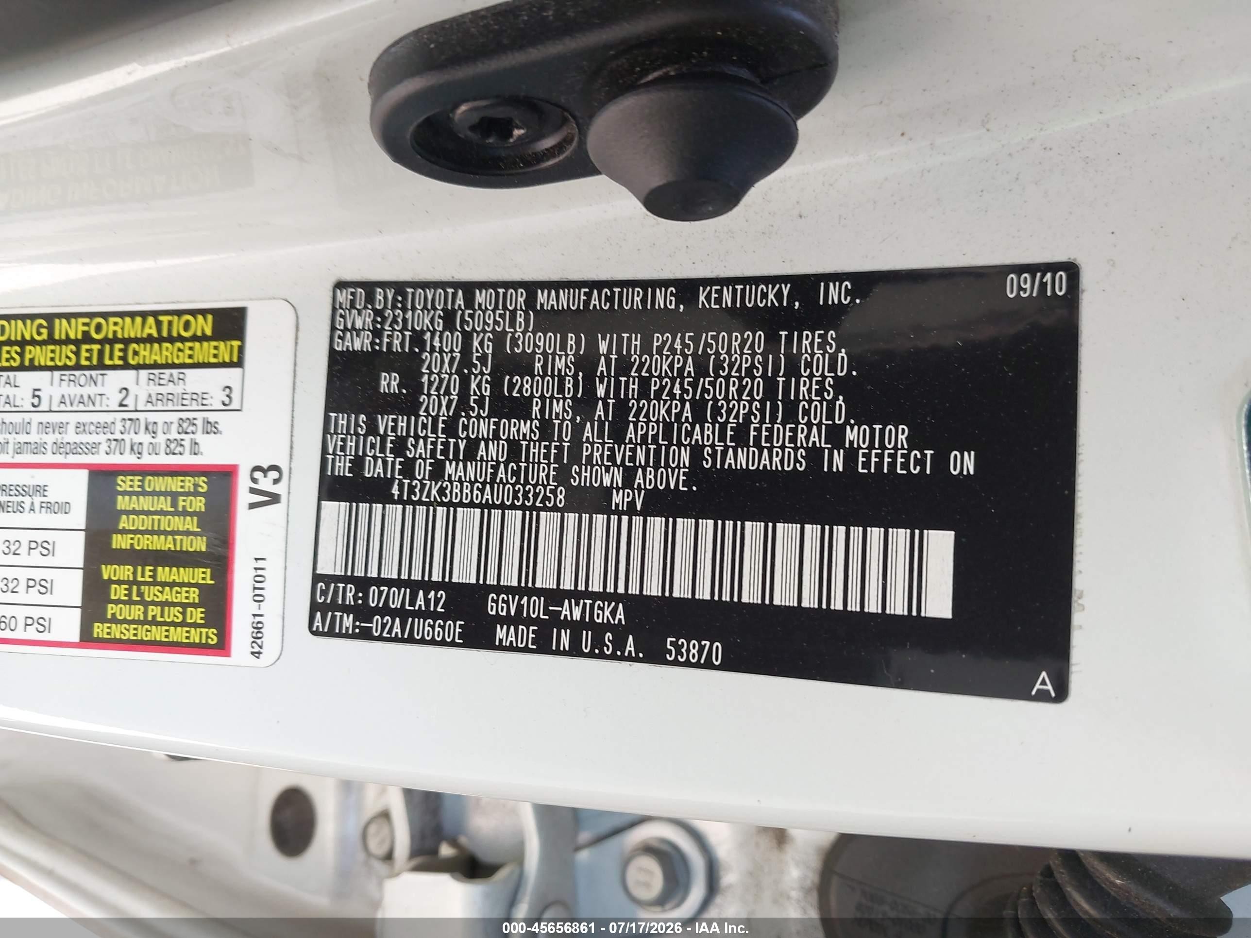 2010 Toyota Venza Base V6 White vin: 4T3ZK3BB6AU033258