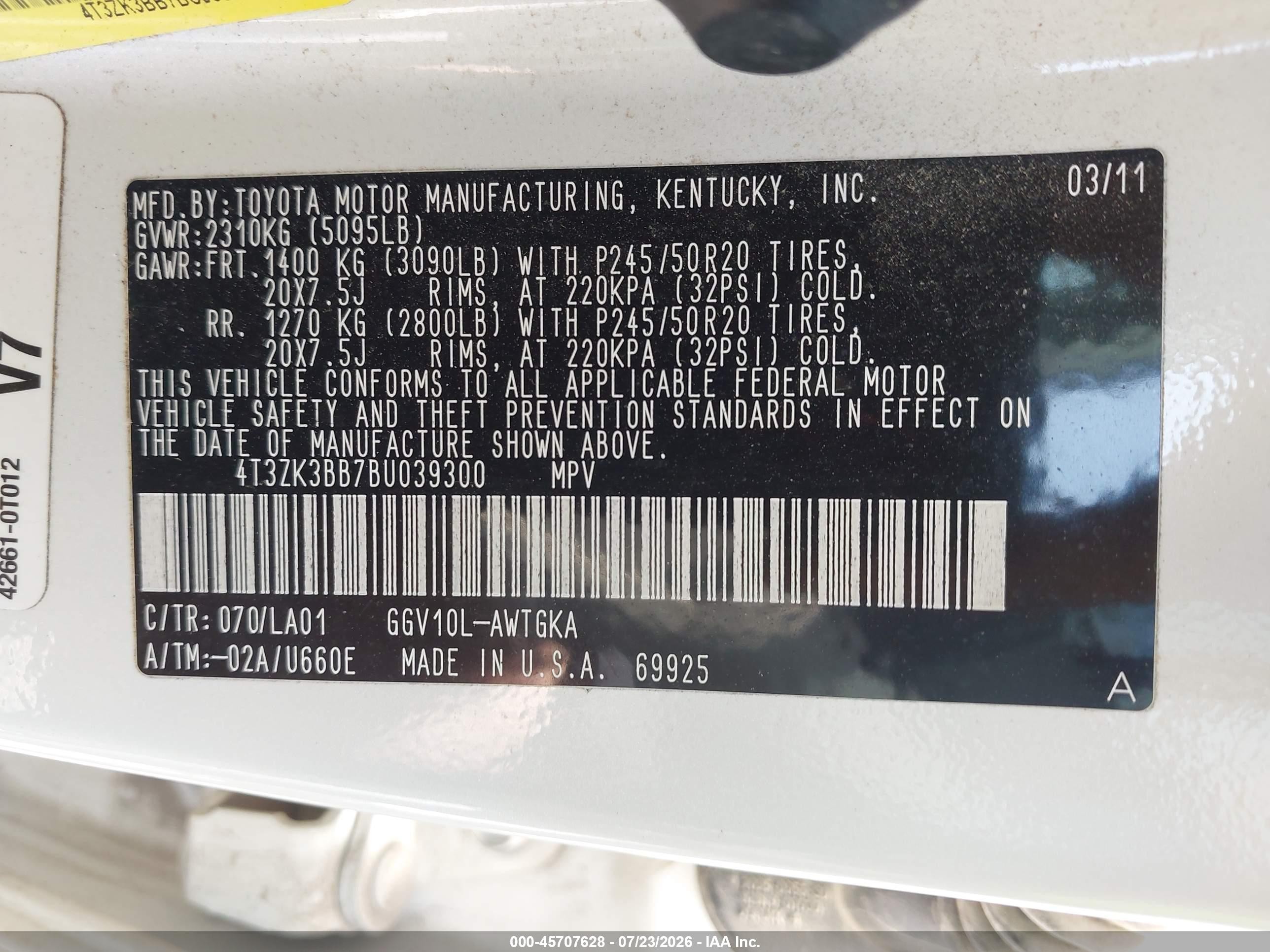 2011 Toyota Venza Base V6 White vin: 4T3ZK3BB7BU039300