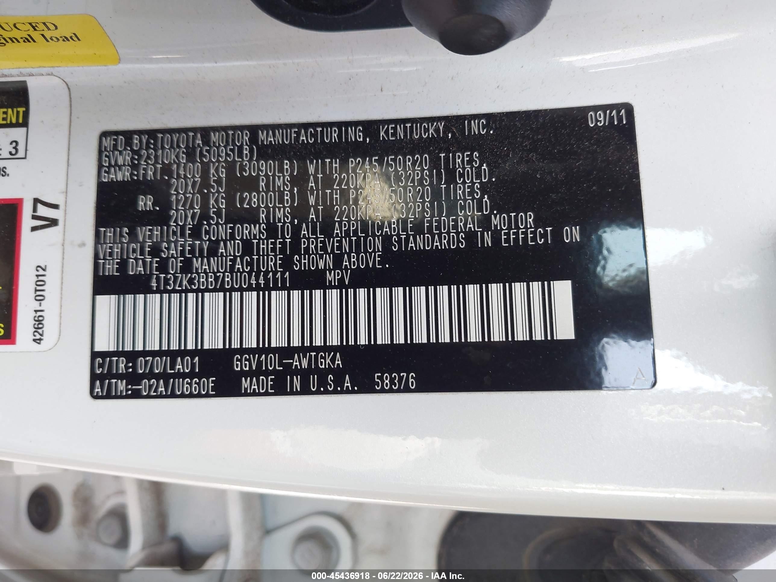 2011 Toyota Venza Base V6 White vin: 4T3ZK3BB7BU044111