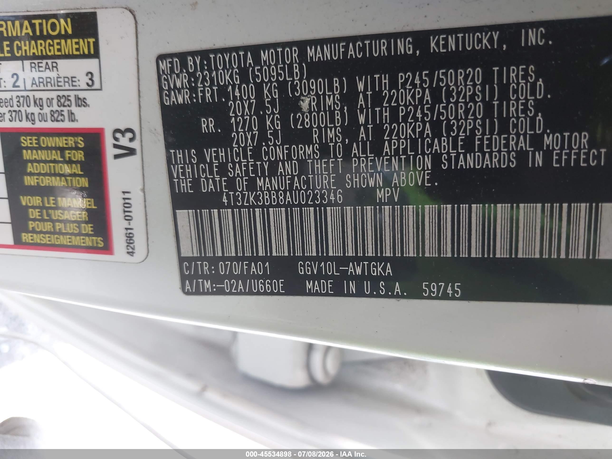2010 Toyota Venza Base V6 White vin: 4T3ZK3BB8AU023346