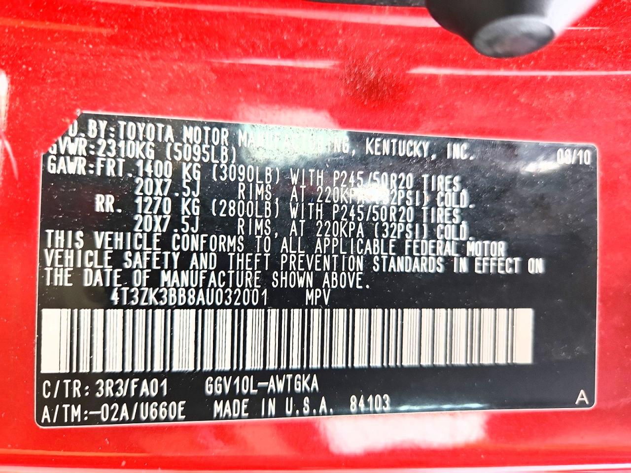 2010 Toyota Venza Fwd V6 Red vin: 4T3ZK3BB8AU032001