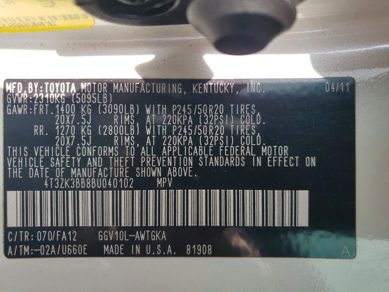 2011 Toyota Venza Fwd V6 Белый vin: 4T3ZK3BB8BU040102