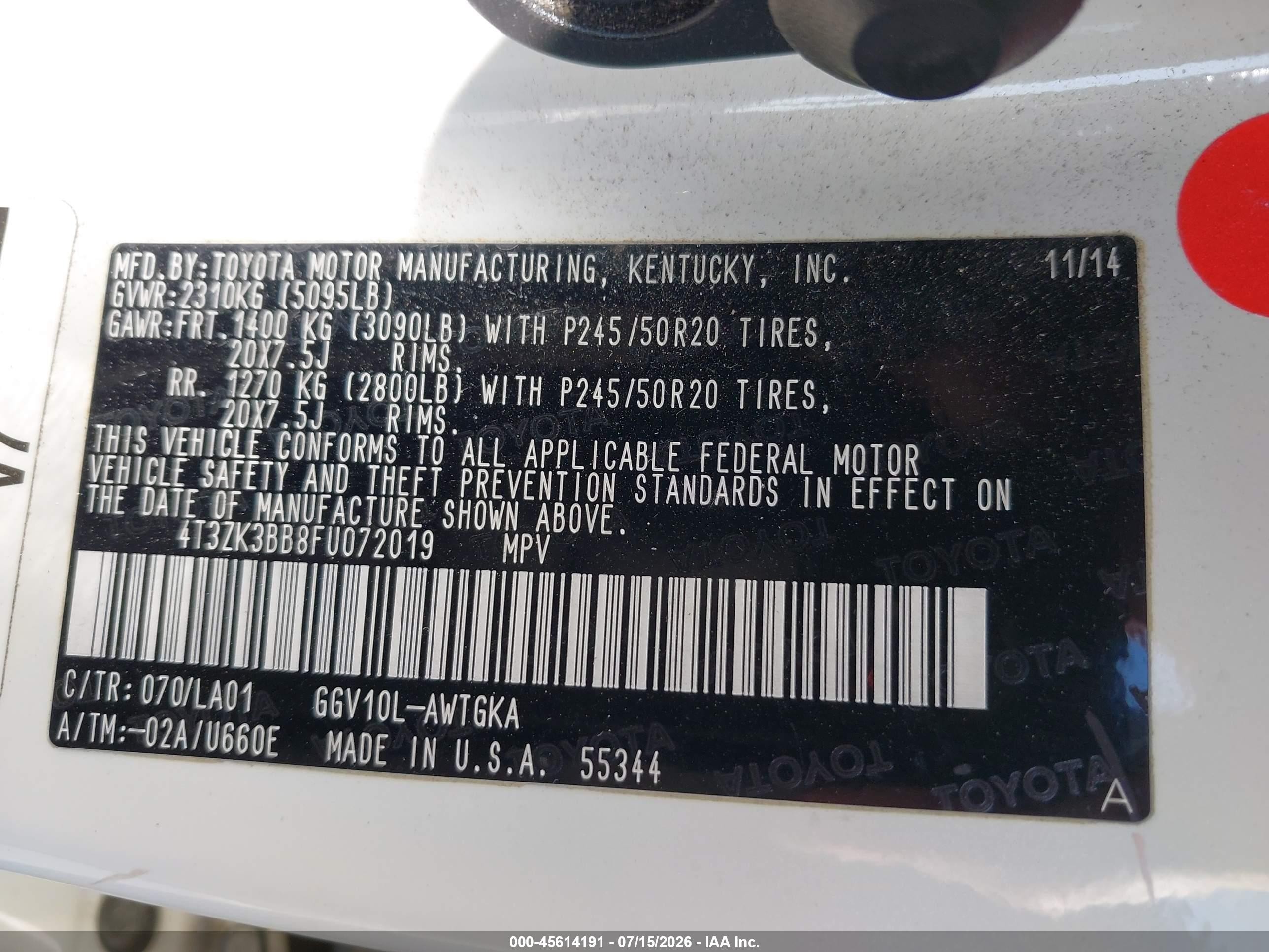 2015 Toyota Venza Xle V6 White vin: 4T3ZK3BB8FU072019