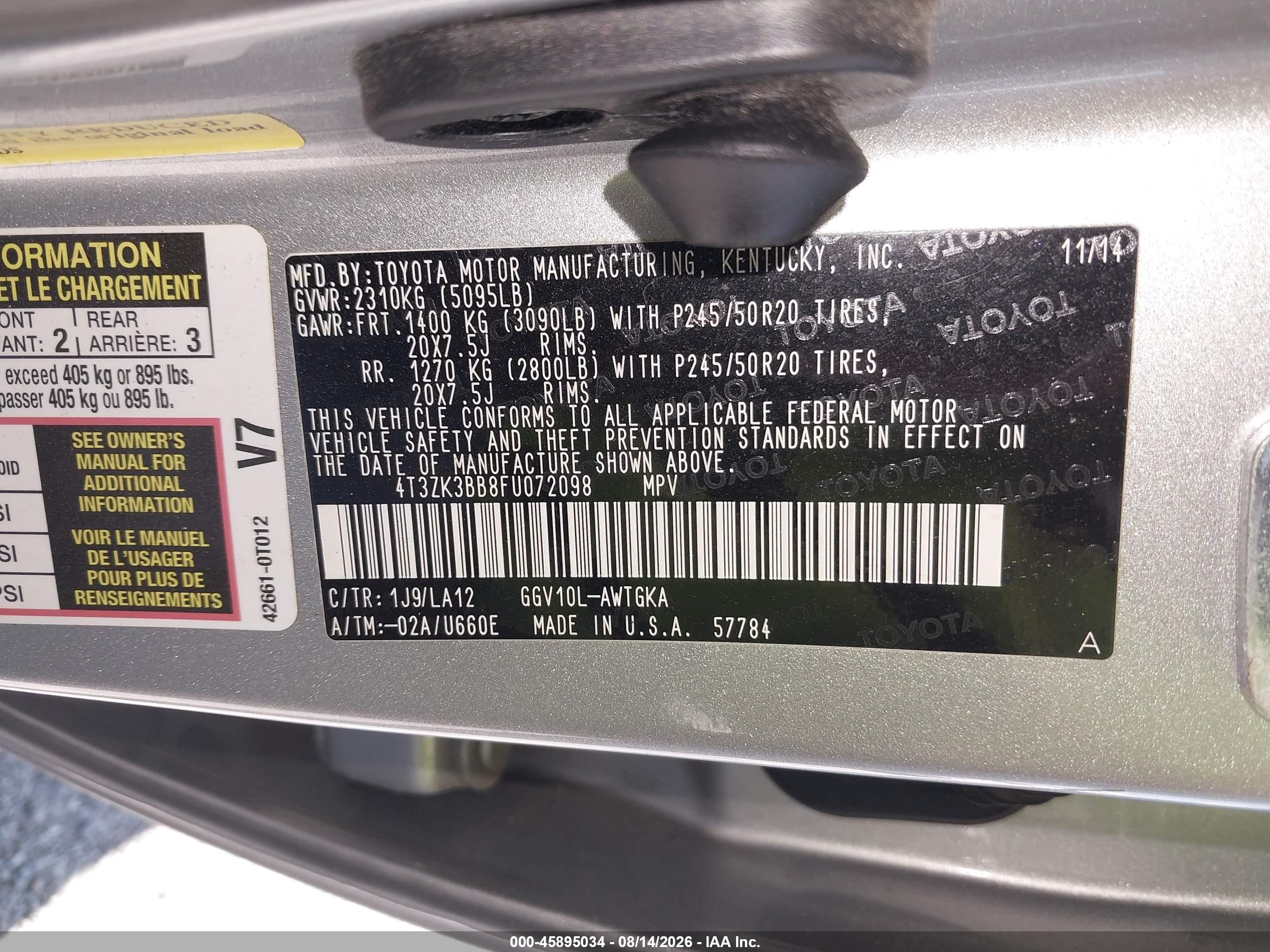 2015 Toyota Venza Xle V6 Silver vin: 4T3ZK3BB8FU072098