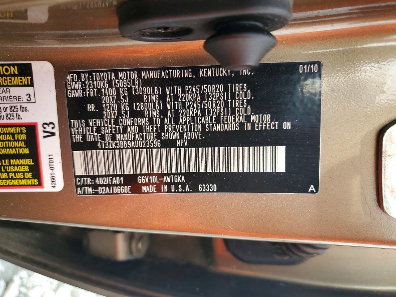 2010 Toyota Venza Fwd V6 Tan vin: 4T3ZK3BB9AU023596