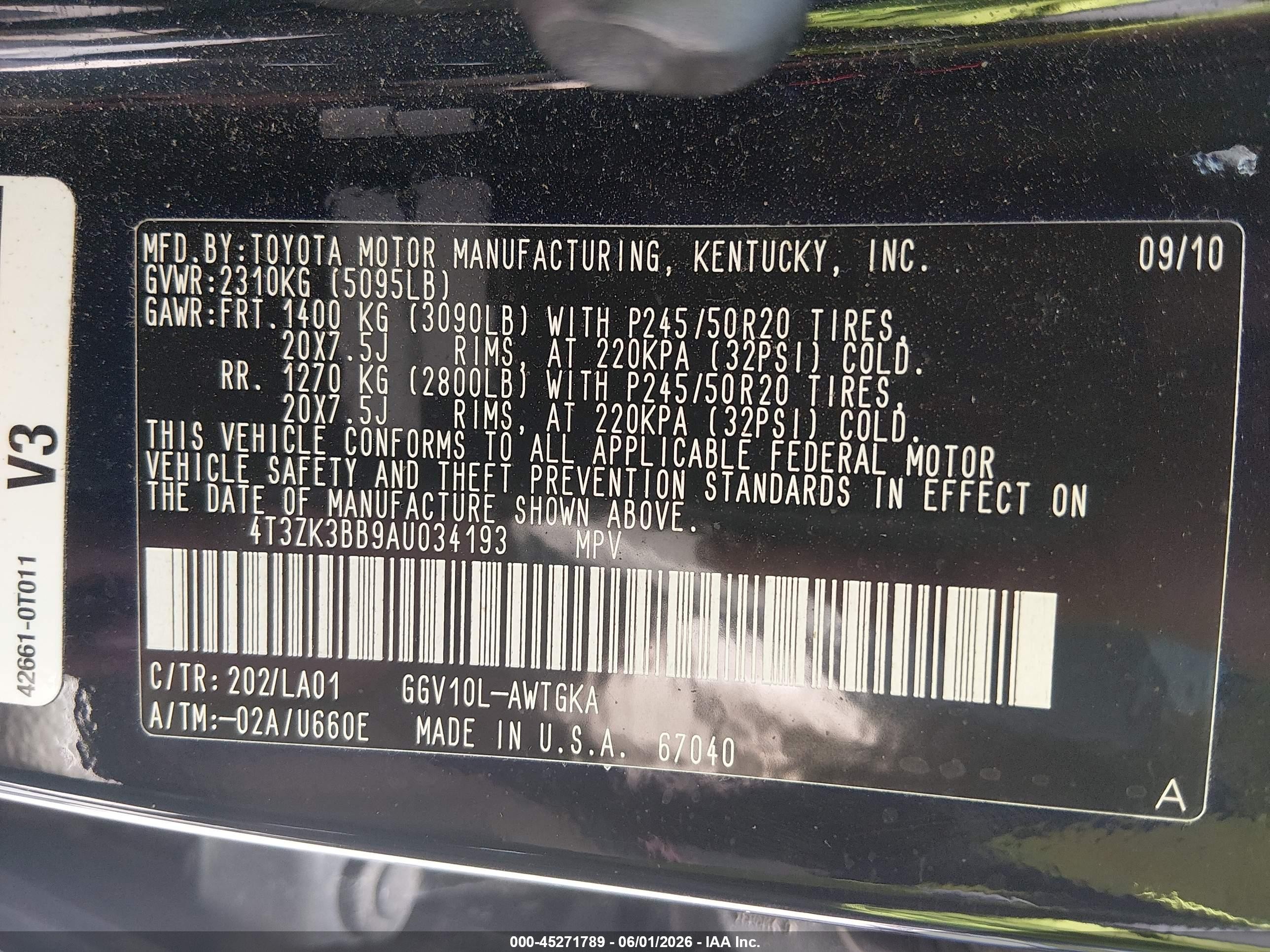 2010 Toyota Venza Base V6 Black vin: 4T3ZK3BB9AU034193