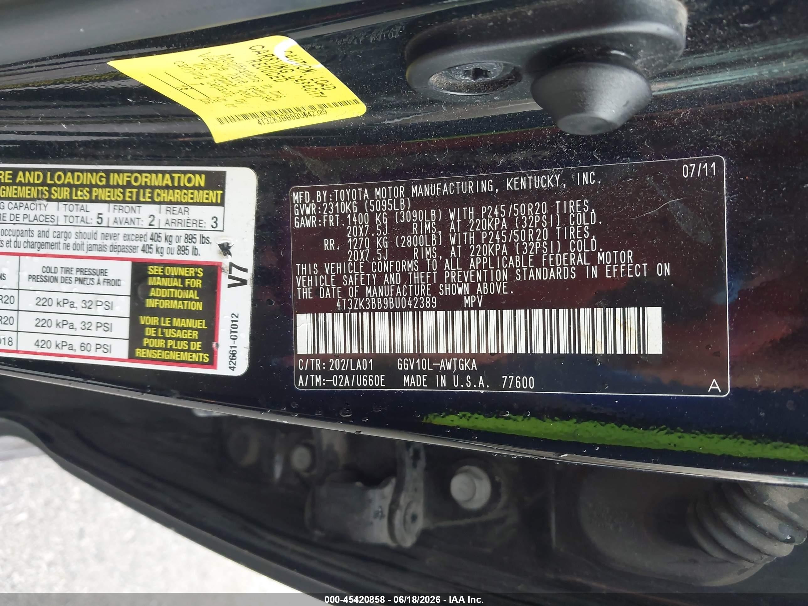 2011 Toyota Venza Base V6 Black vin: 4T3ZK3BB9BU042389