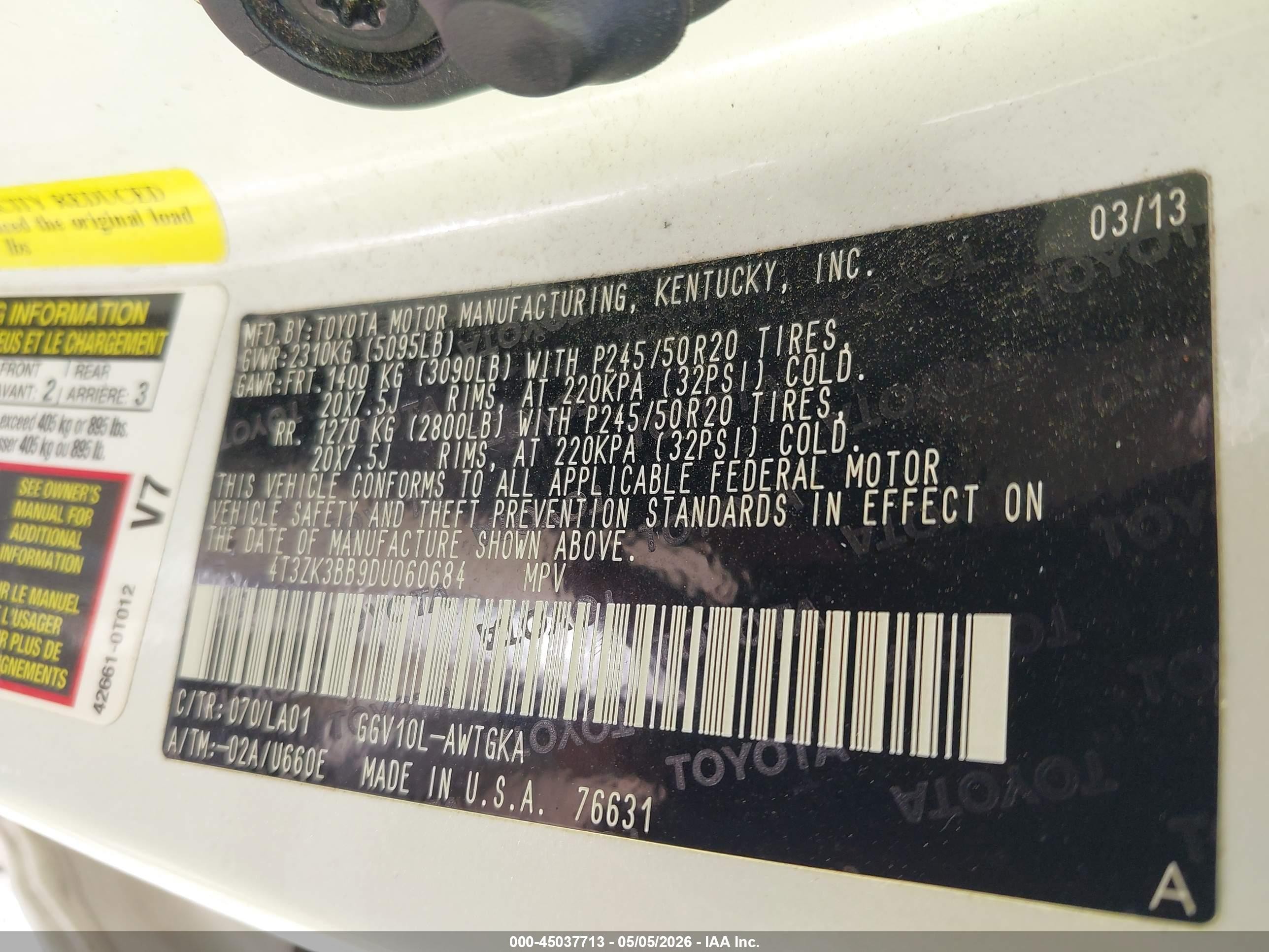 2013 Toyota Venza Xle V6 White vin: 4T3ZK3BB9DU060684