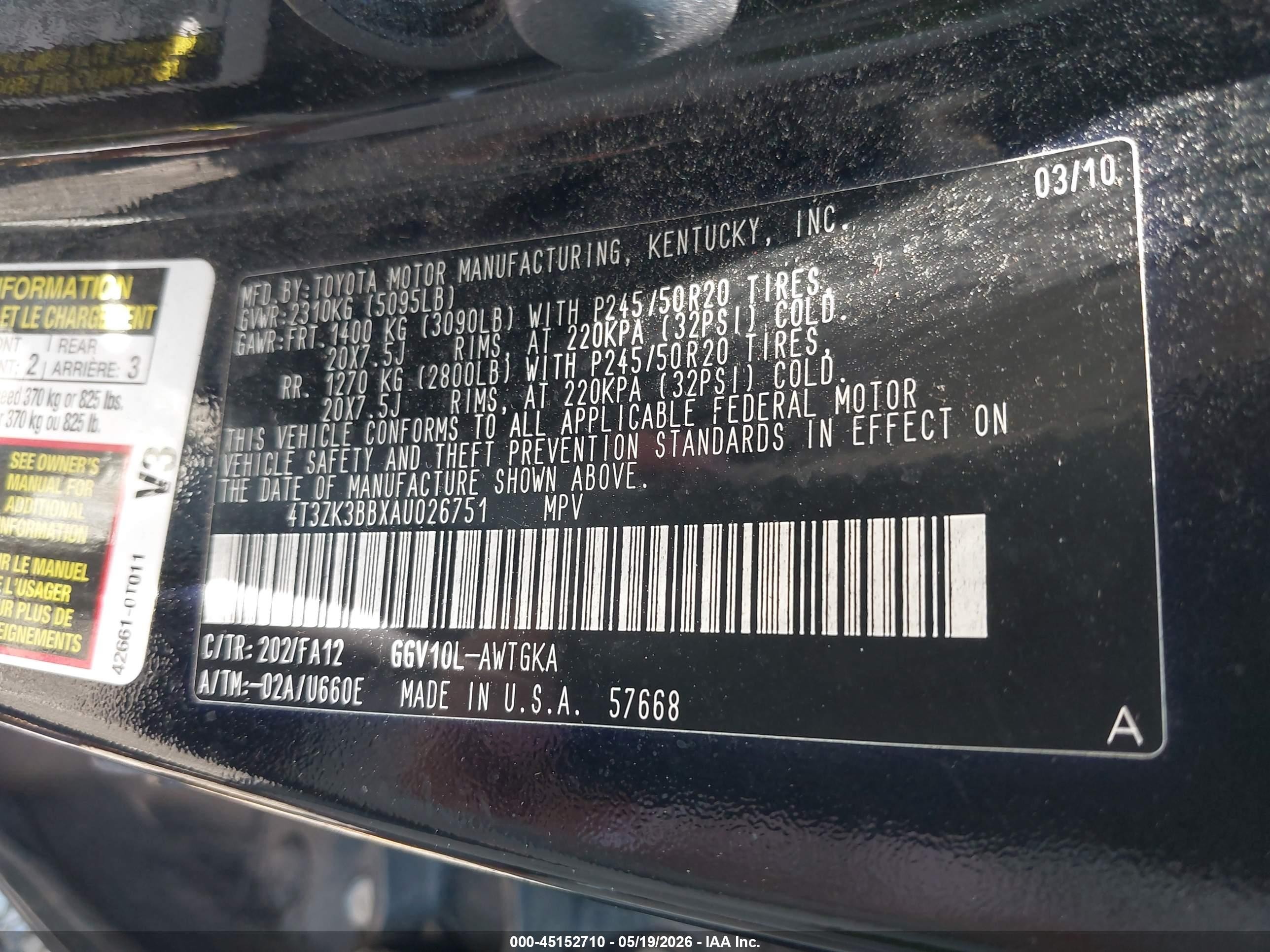 2010 Toyota Venza Base V6 Black vin: 4T3ZK3BBXAU026751