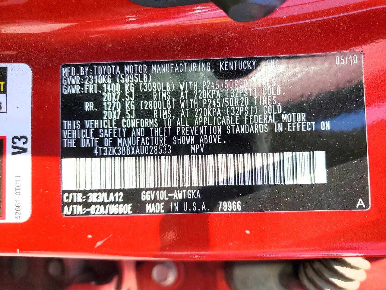 2010 Toyota Venza Fwd V6 Red vin: 4T3ZK3BBXAU028533