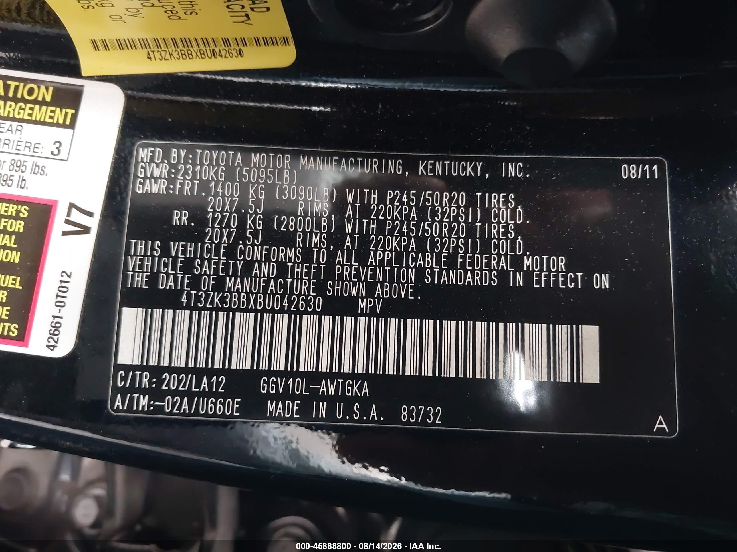 2011 Toyota Venza Base V6 Черный vin: 4T3ZK3BBXBU042630