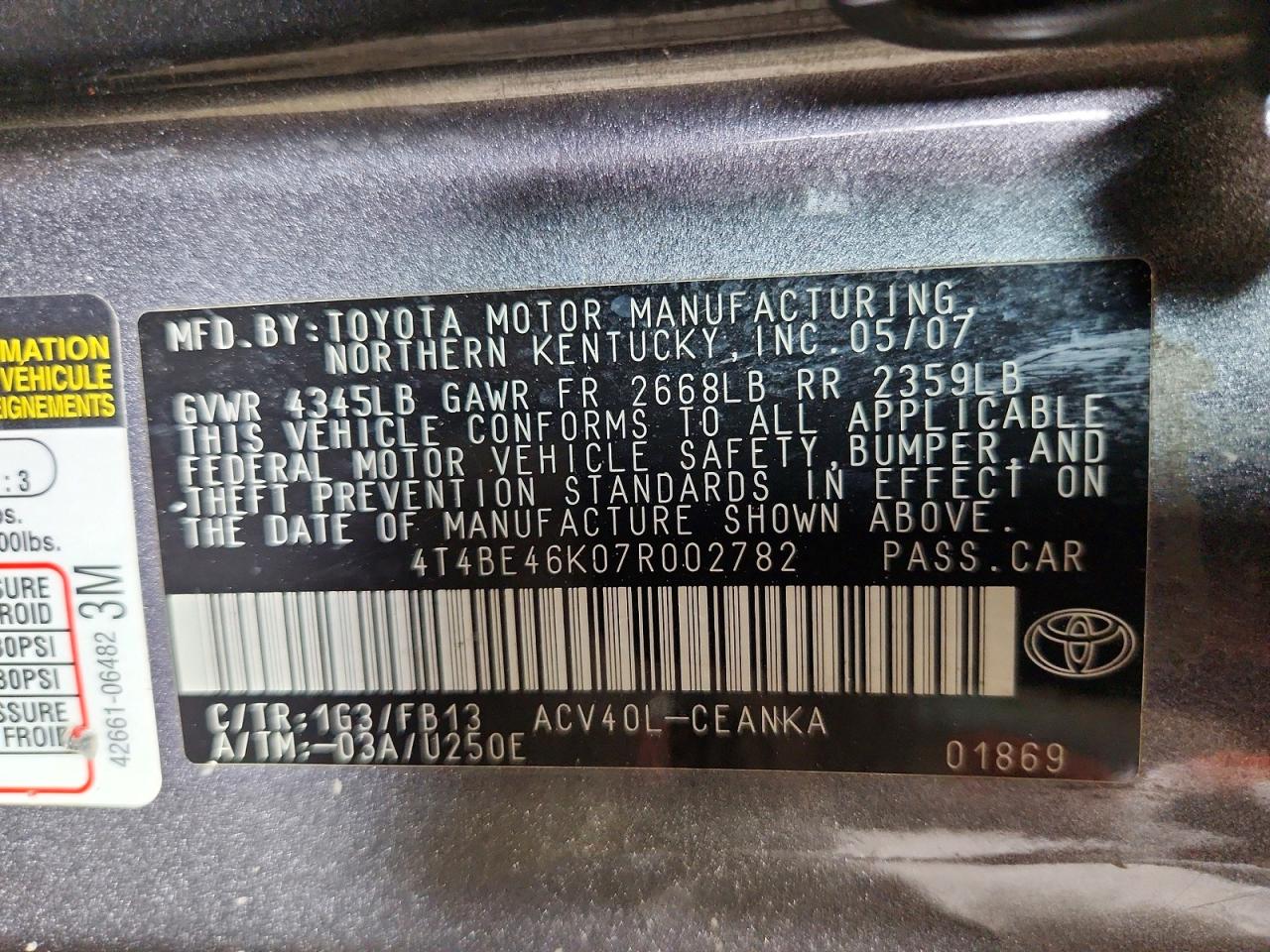 2007 Toyota Camry Le Gray vin: 4T4BE46K07R002782