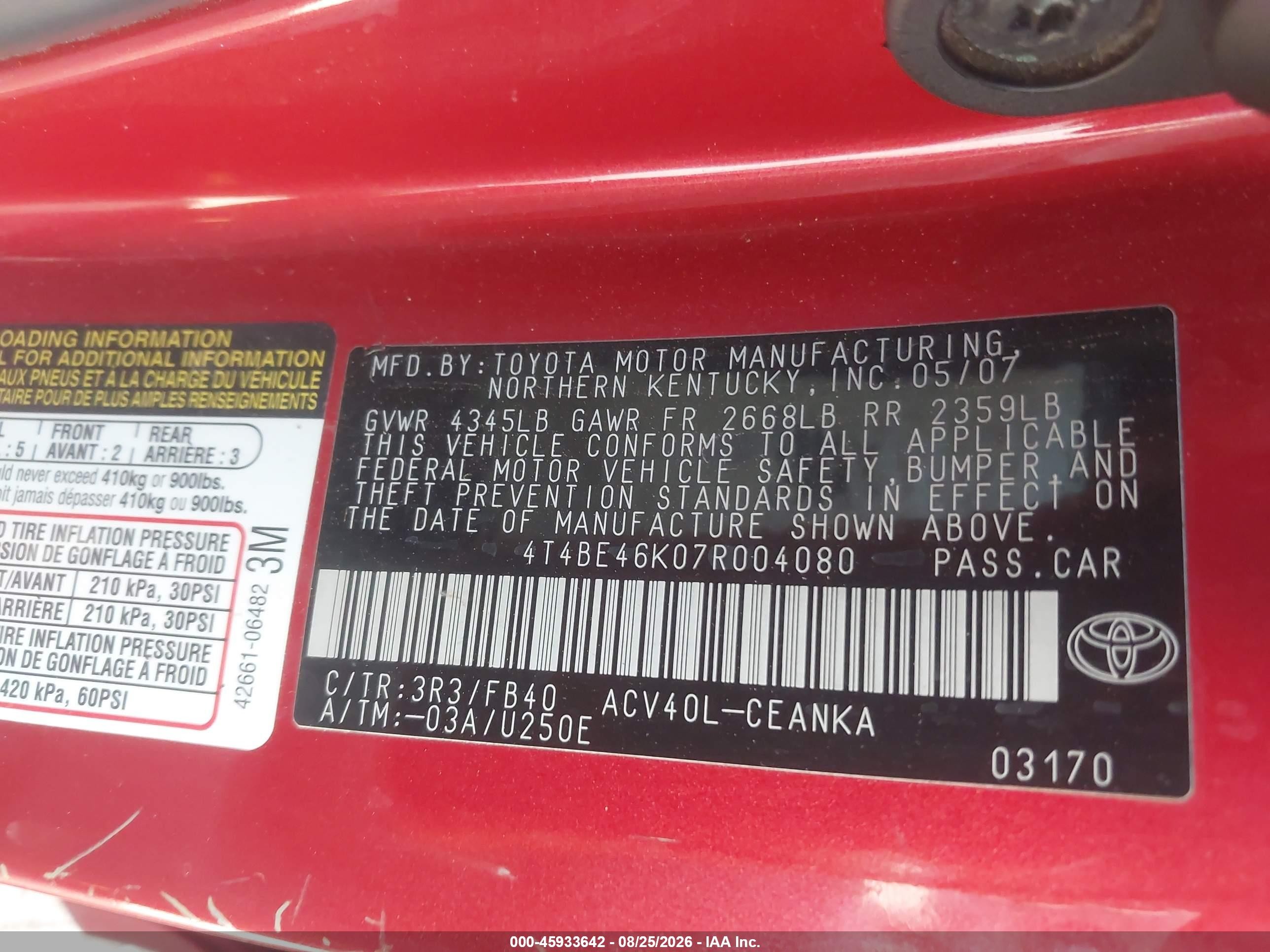 2007 Toyota Camry Le Red vin: 4T4BE46K07R004080