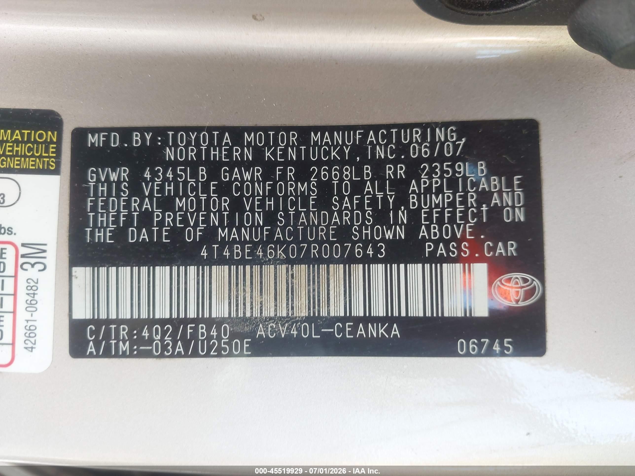 2007 Toyota Camry Le Gold vin: 4T4BE46K07R007643