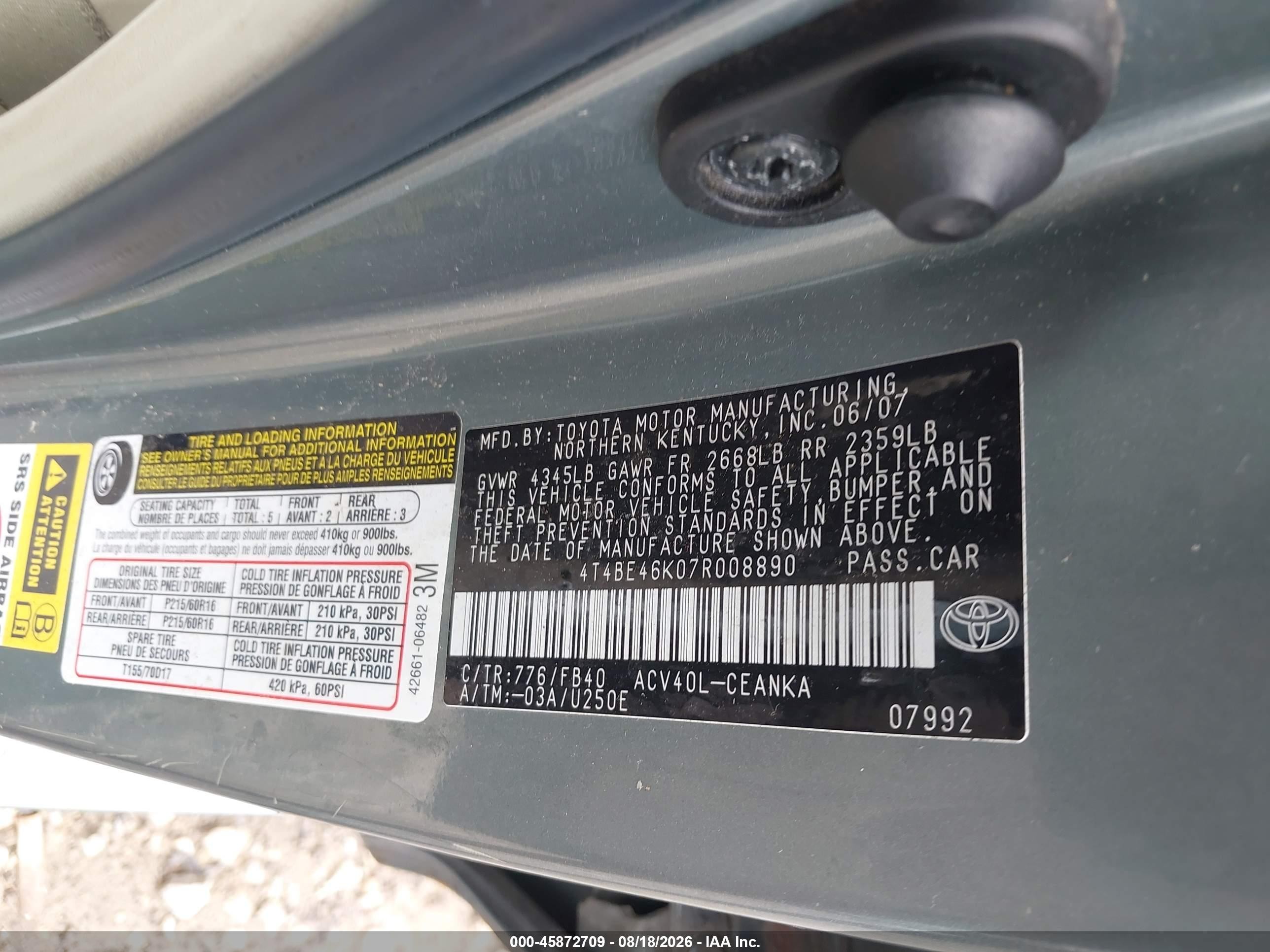 2007 Toyota Camry Le Green vin: 4T4BE46K07R008890
