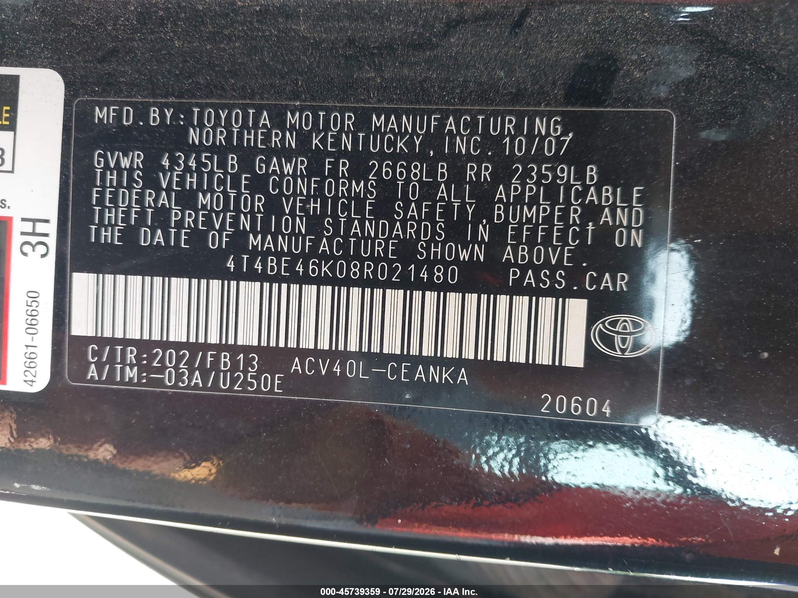 2008 Toyota Camry Le Black vin: 4T4BE46K08R021480