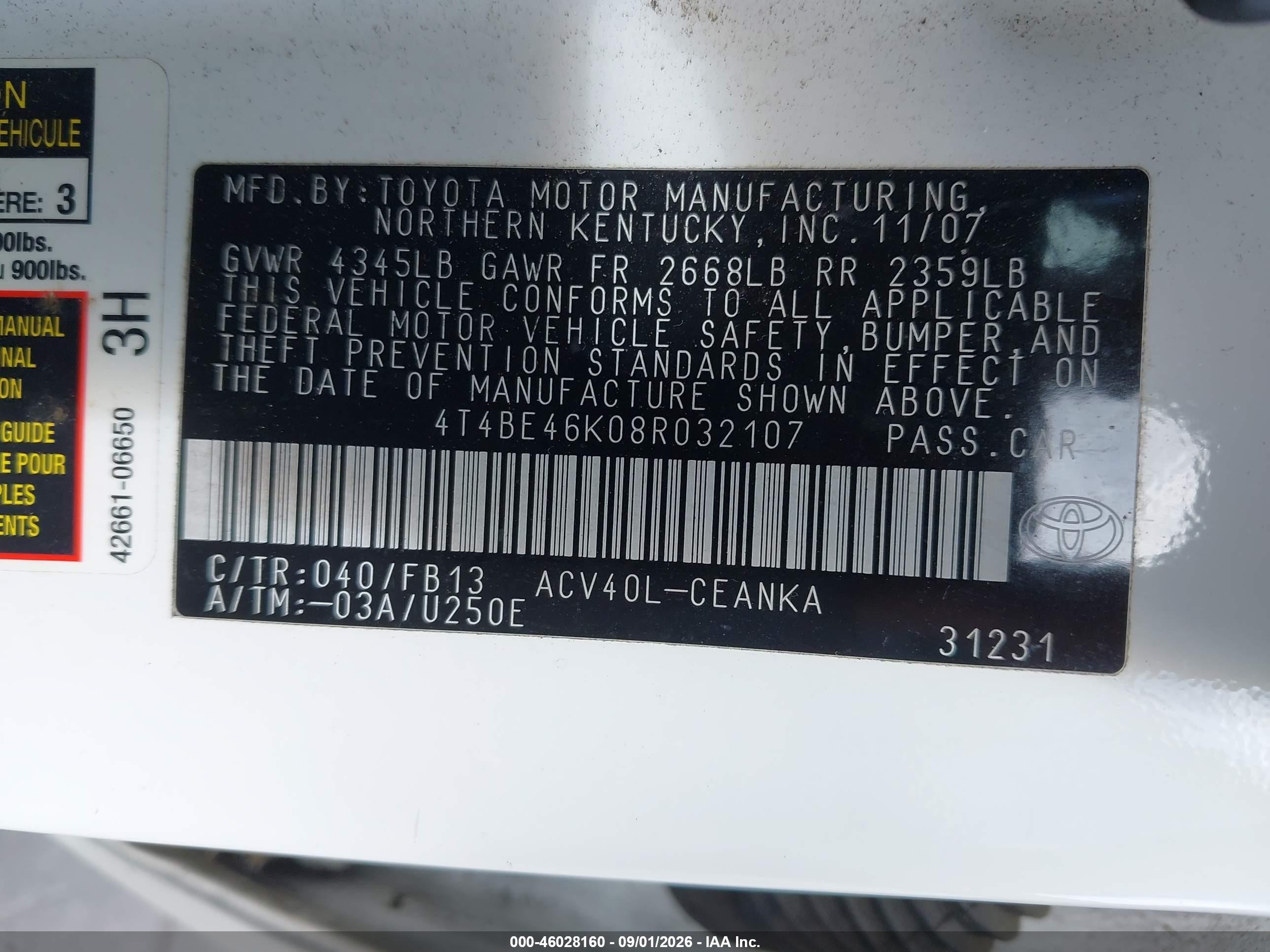 2008 Toyota Camry Le White vin: 4T4BE46K08R032107