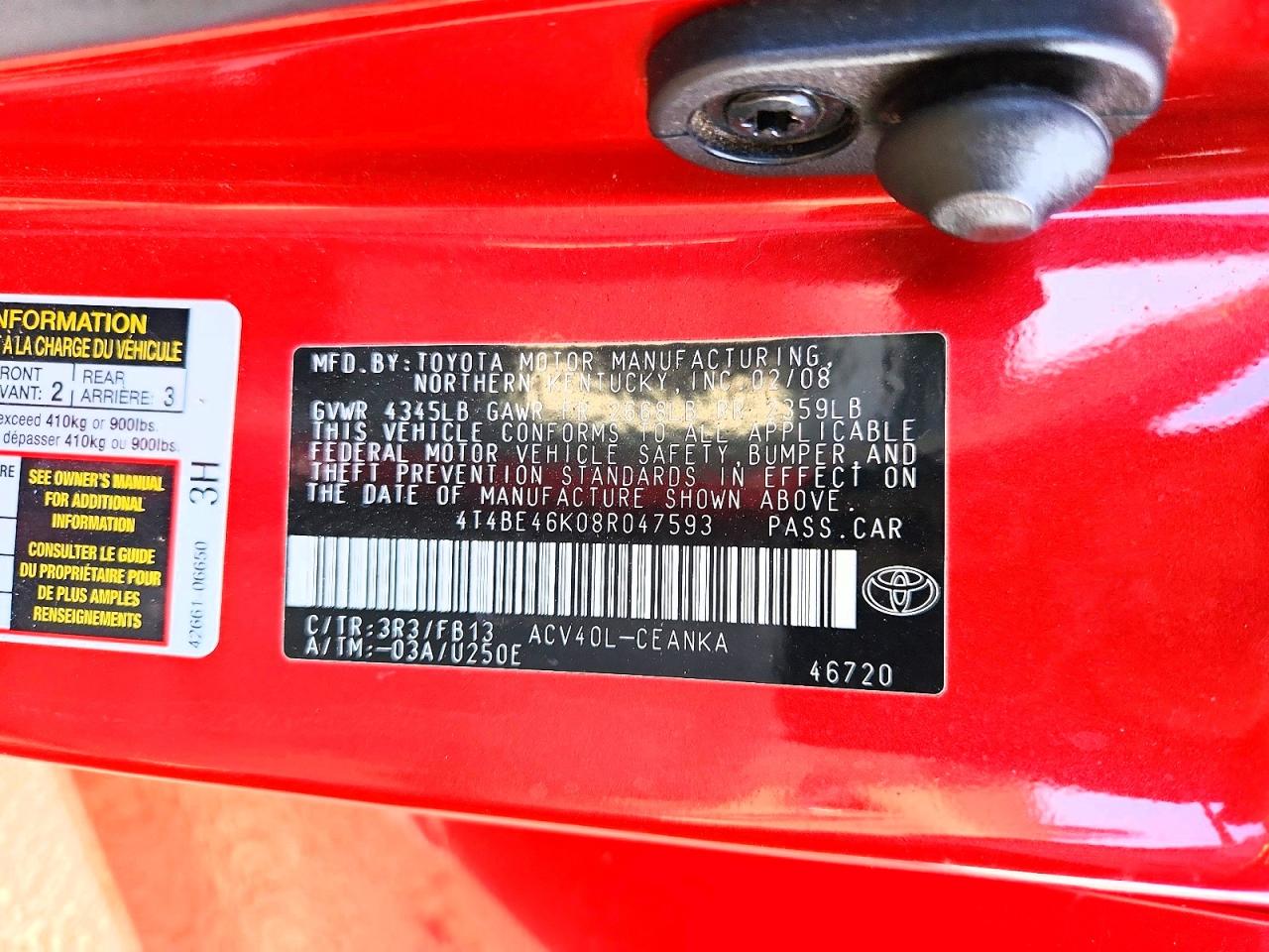 2008 Toyota Camry Le Red vin: 4T4BE46K08R047593