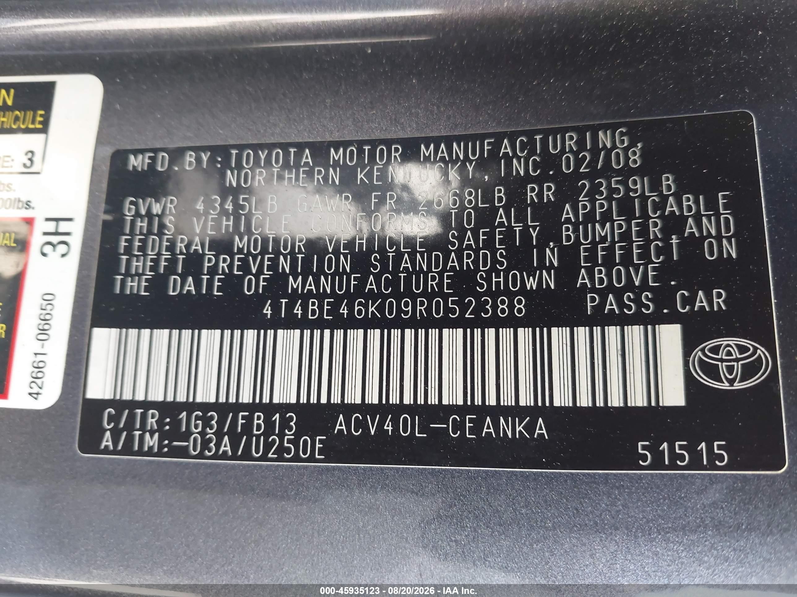 2009 Toyota Camry Le Gray vin: 4T4BE46K09R052388