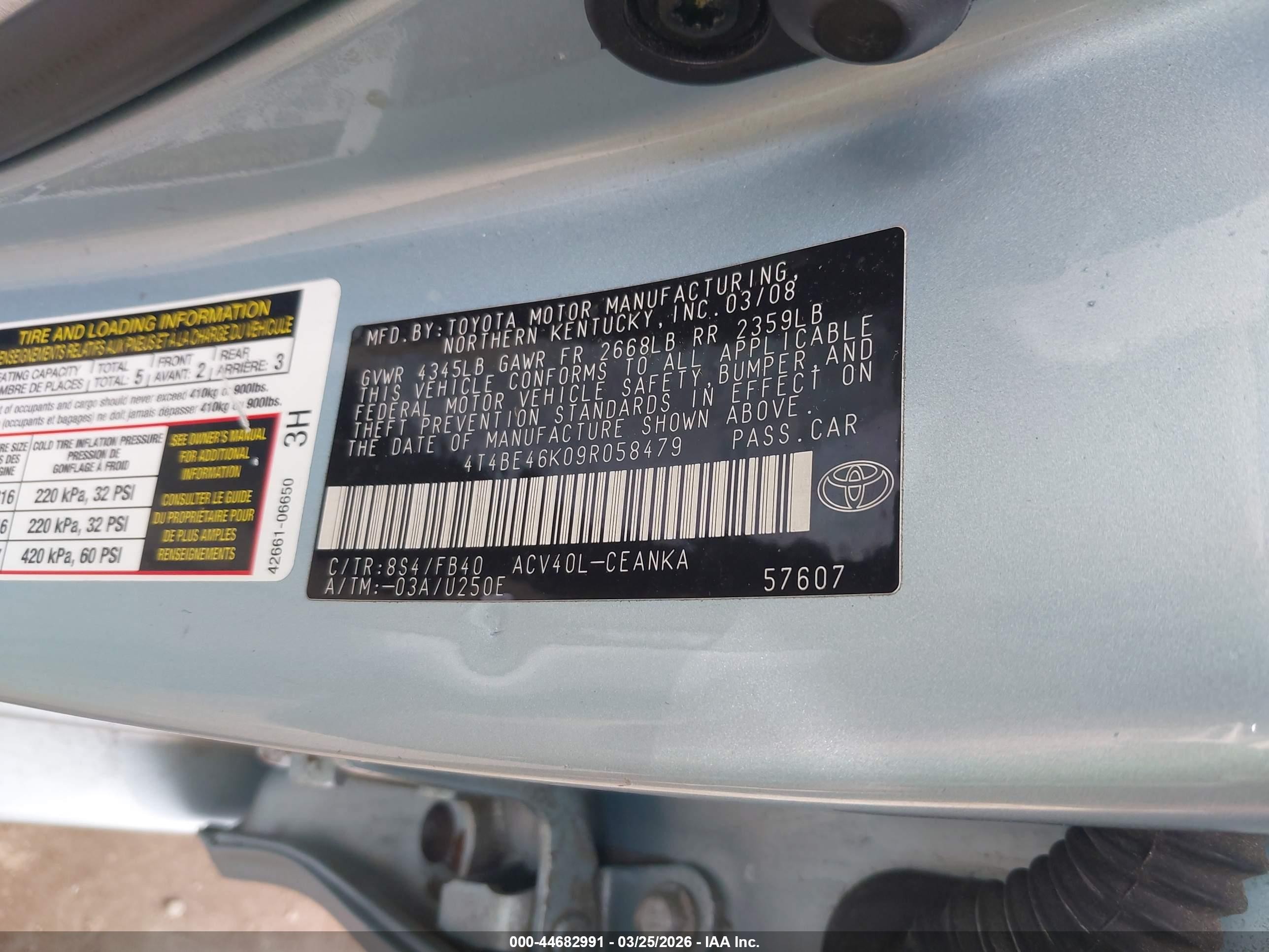 2009 Toyota Camry Le Blue vin: 4T4BE46K09R058479