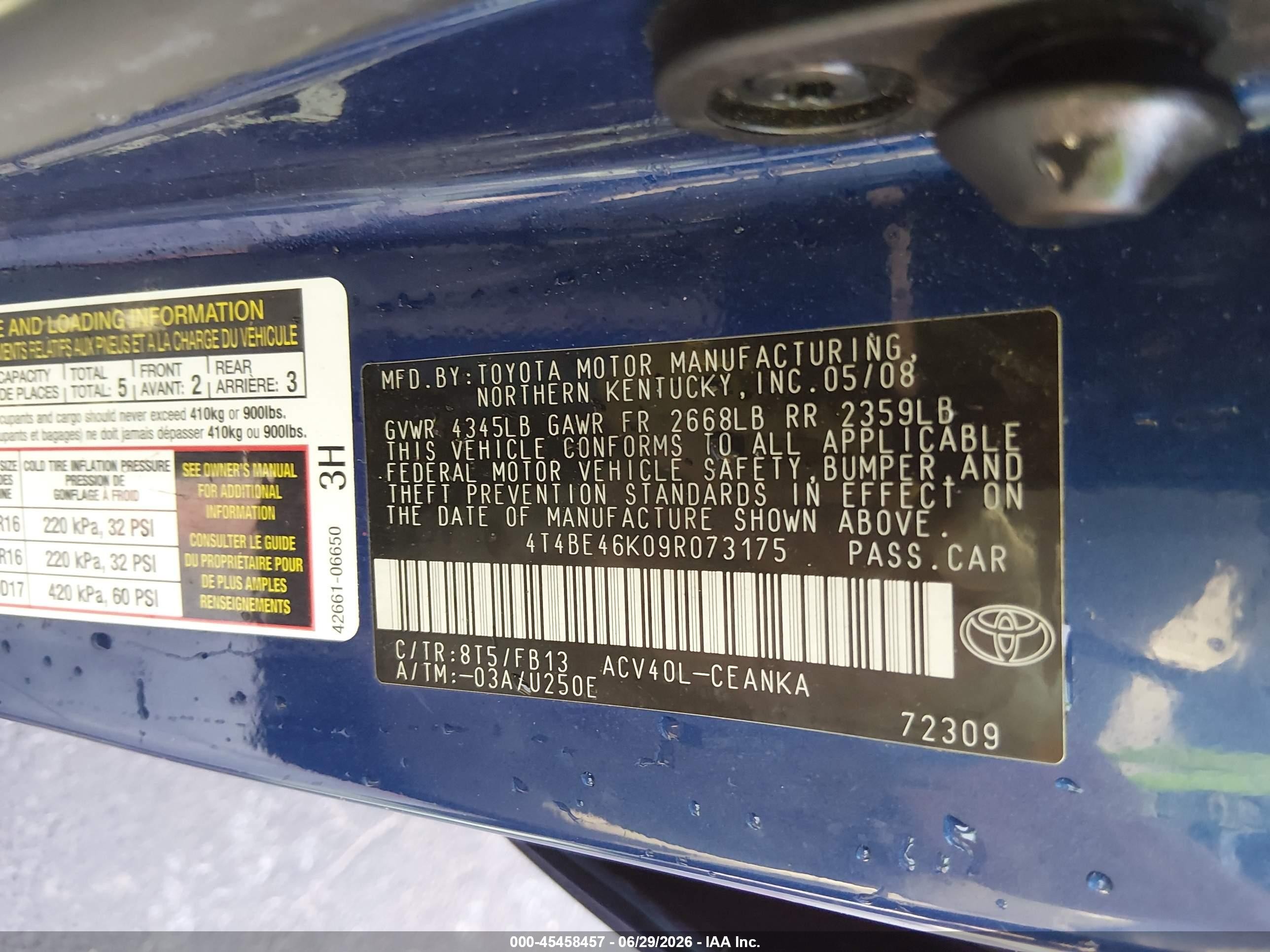 2009 Toyota Camry Le Blue vin: 4T4BE46K09R073175