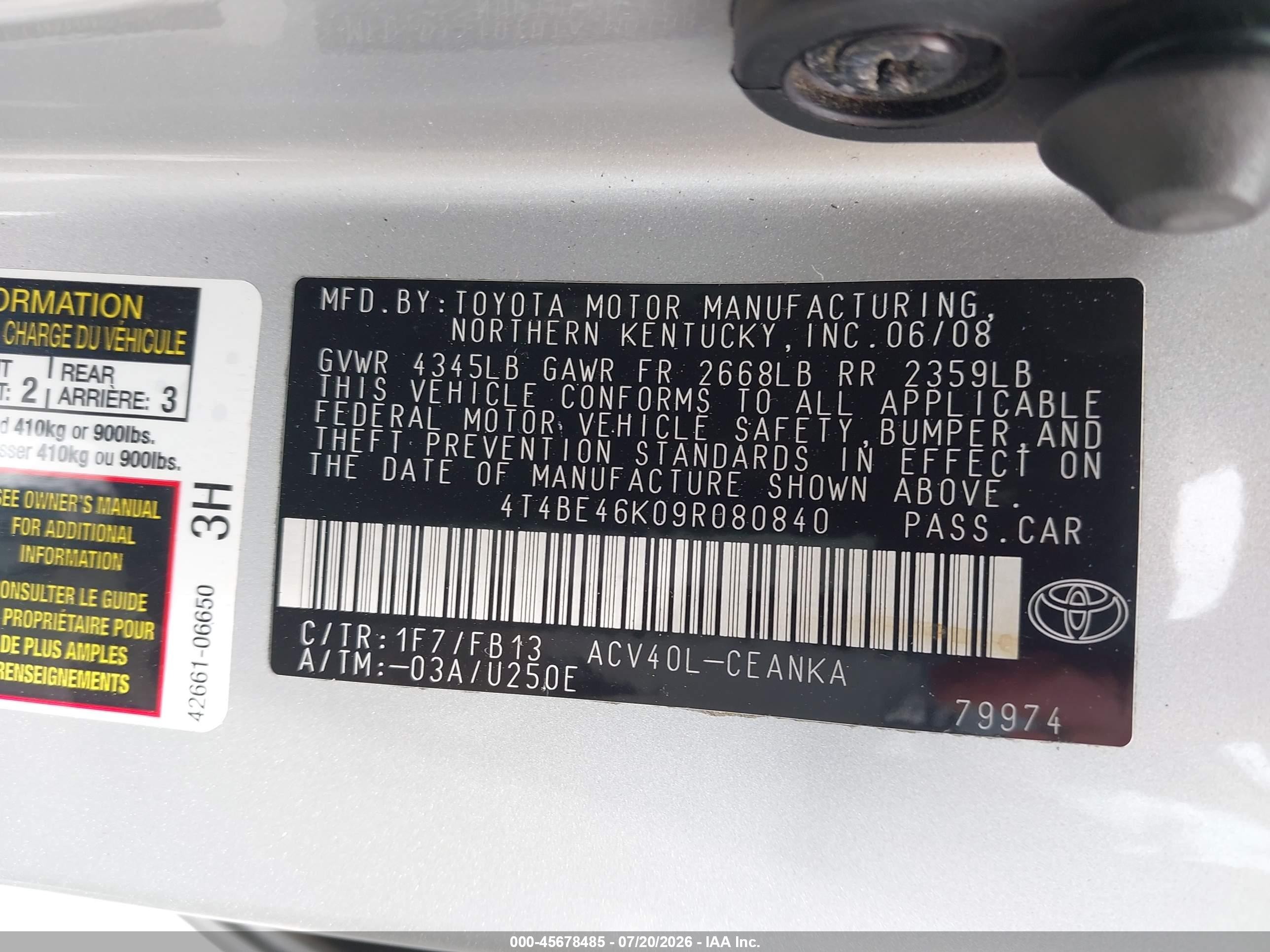 2009 Toyota Camry Le Silver vin: 4T4BE46K09R080840