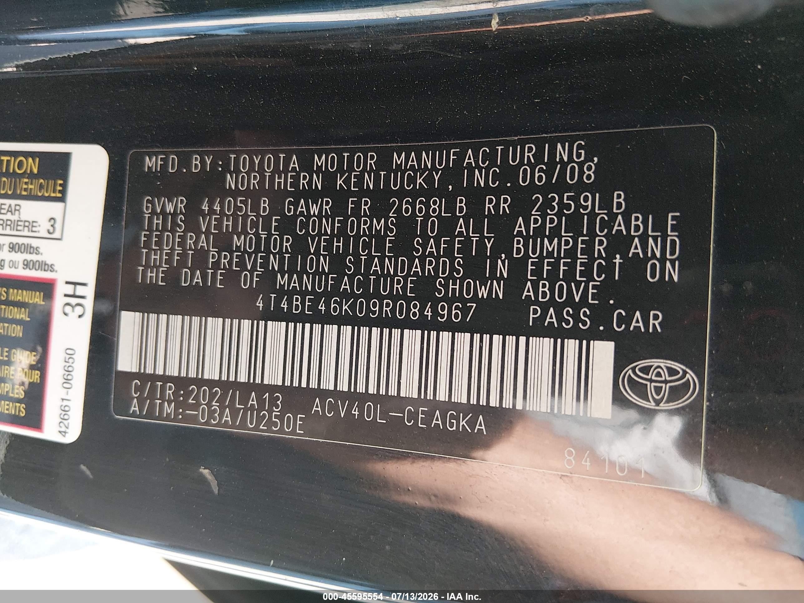 2009 Toyota Camry Xle Black vin: 4T4BE46K09R084967