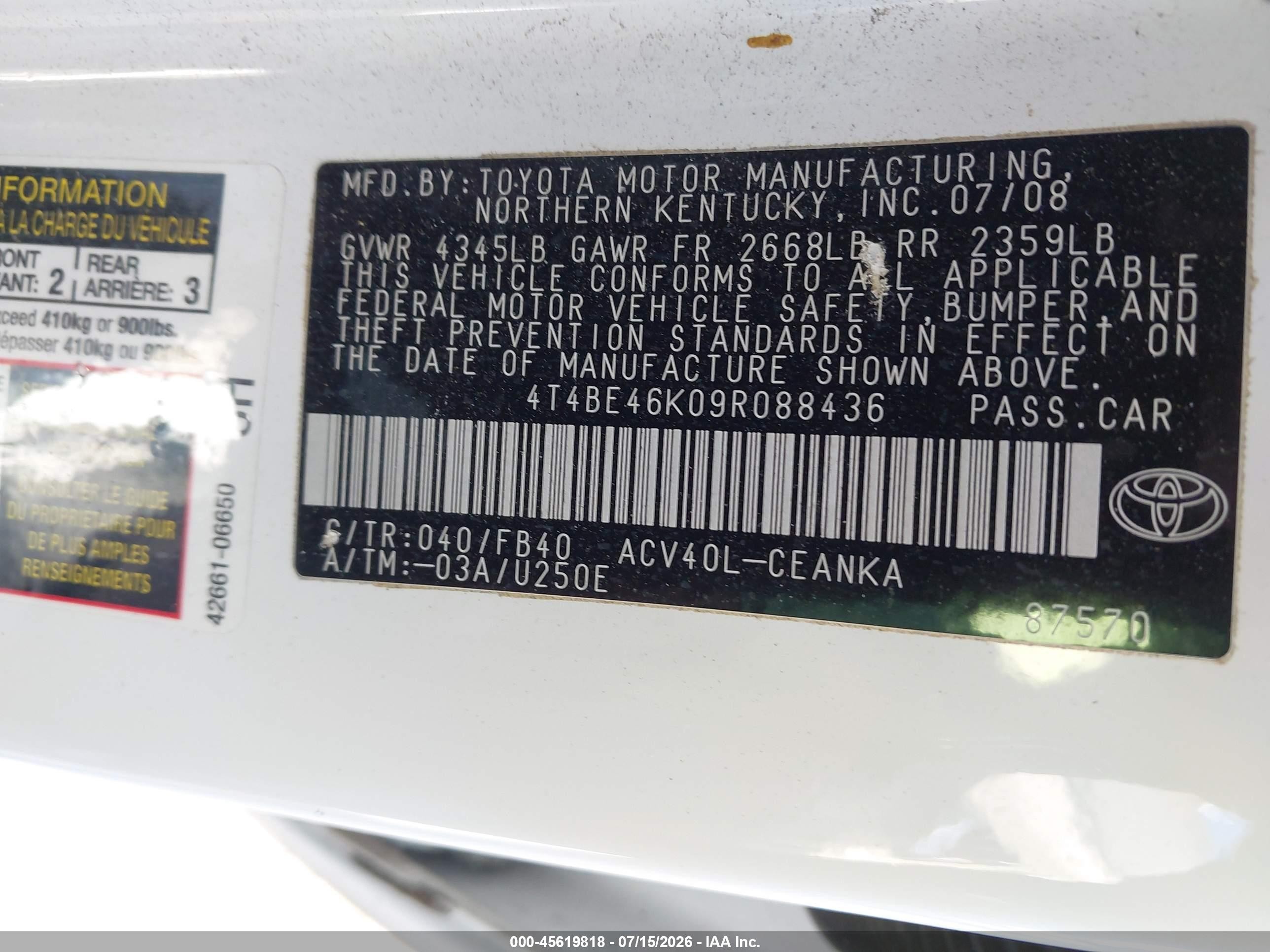 2009 Toyota Camry White vin: 4T4BE46K09R088436