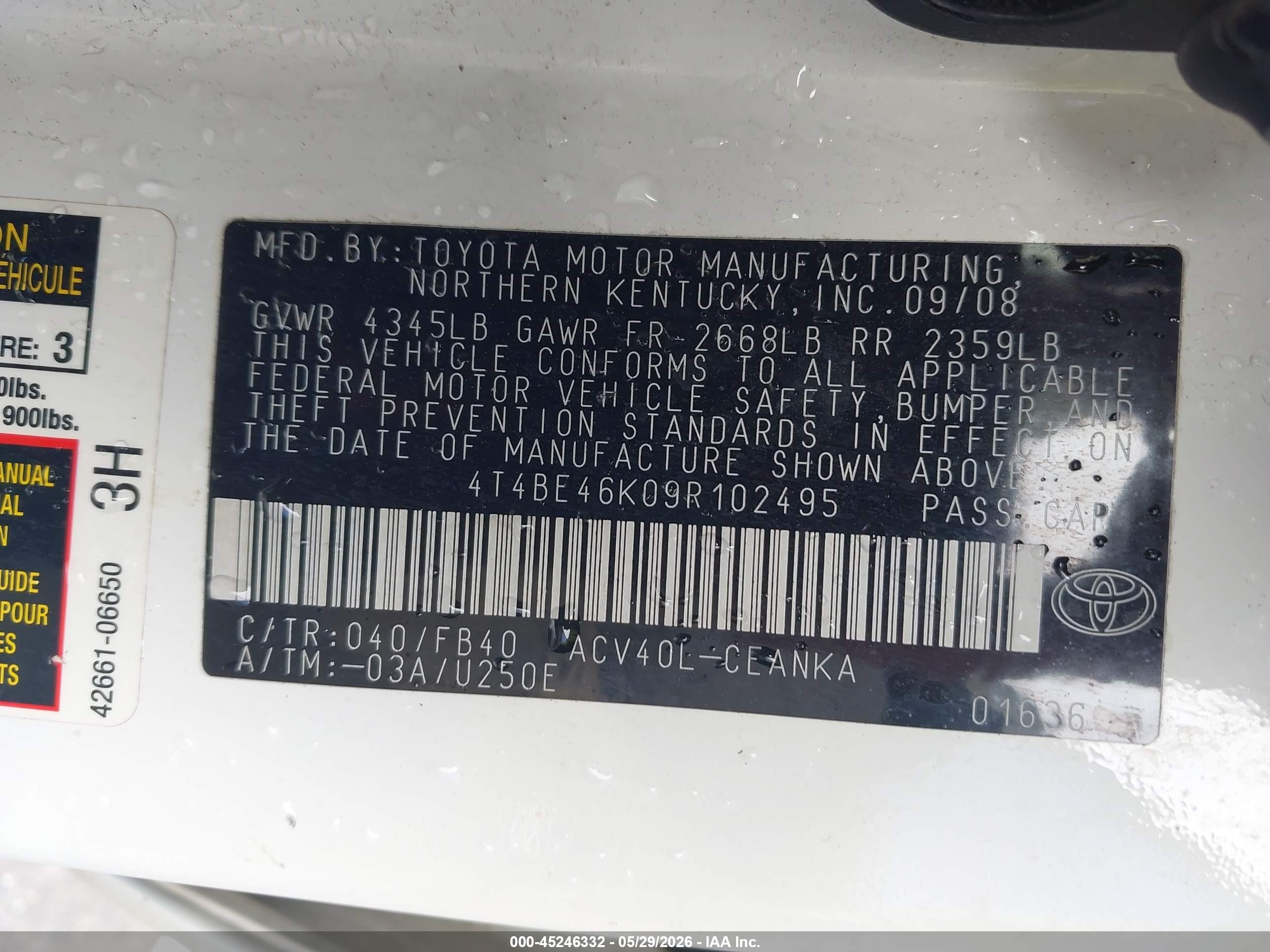 2009 Toyota Camry Le White vin: 4T4BE46K09R102495