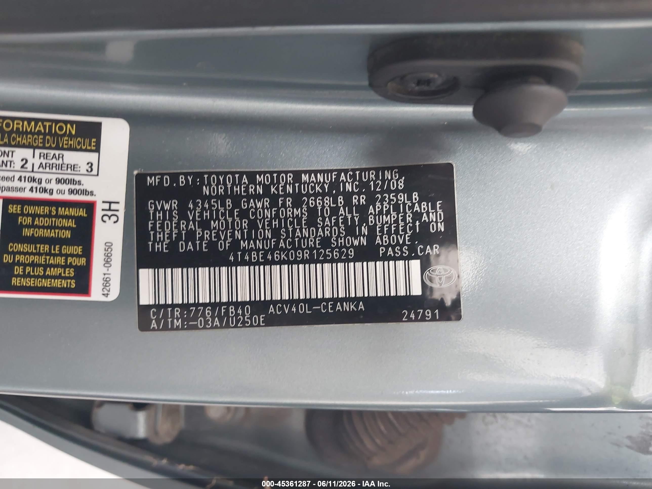 2009 Toyota Camry Le Blue vin: 4T4BE46K09R125629