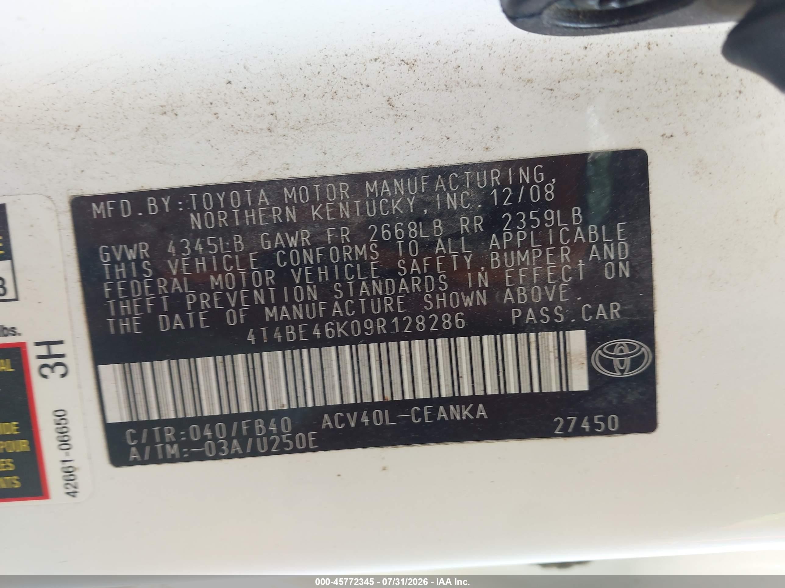 2009 Toyota Camry Le White vin: 4T4BE46K09R128286