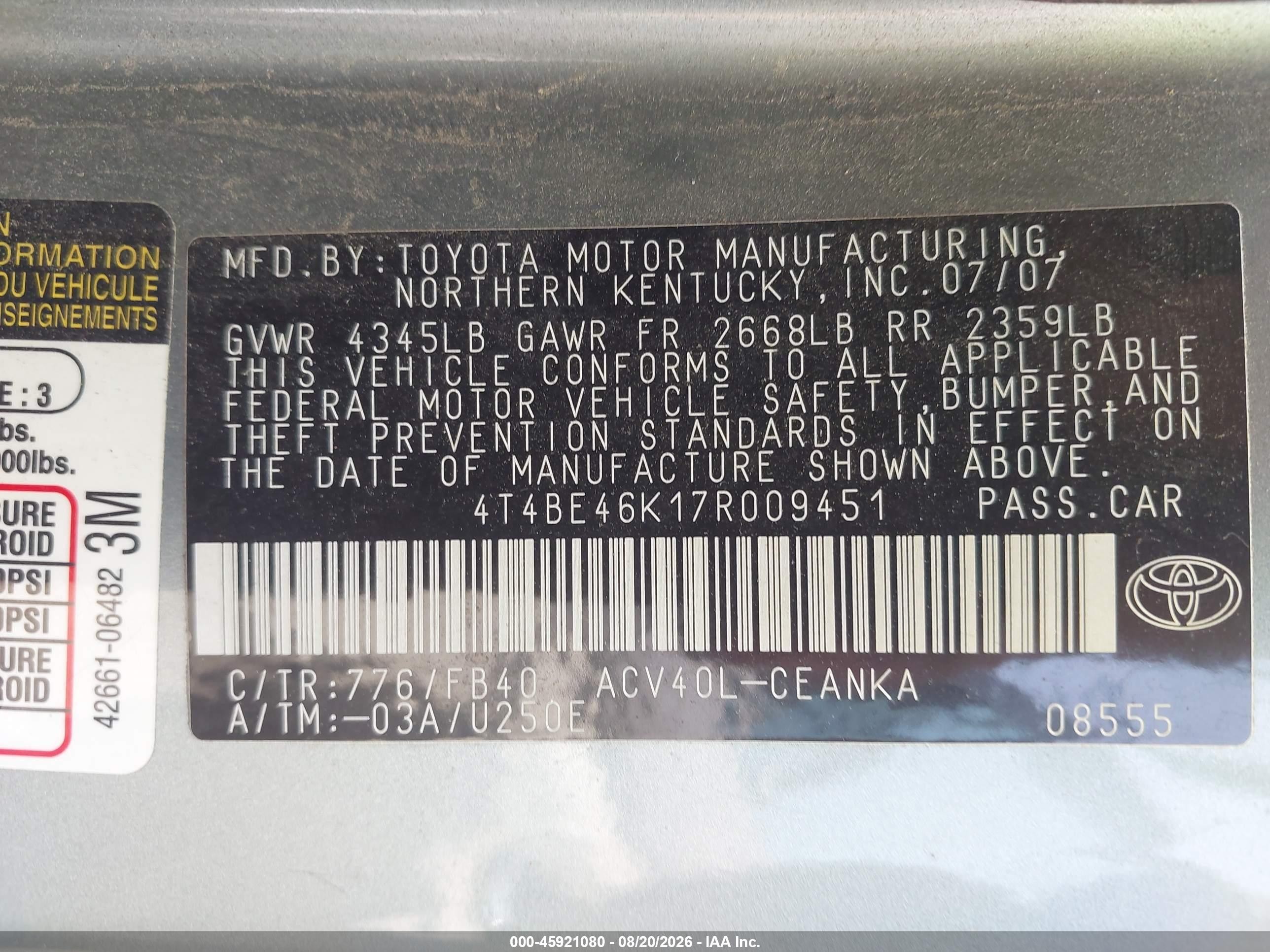 2007 Toyota Camry Le Light Blue vin: 4T4BE46K17R009451