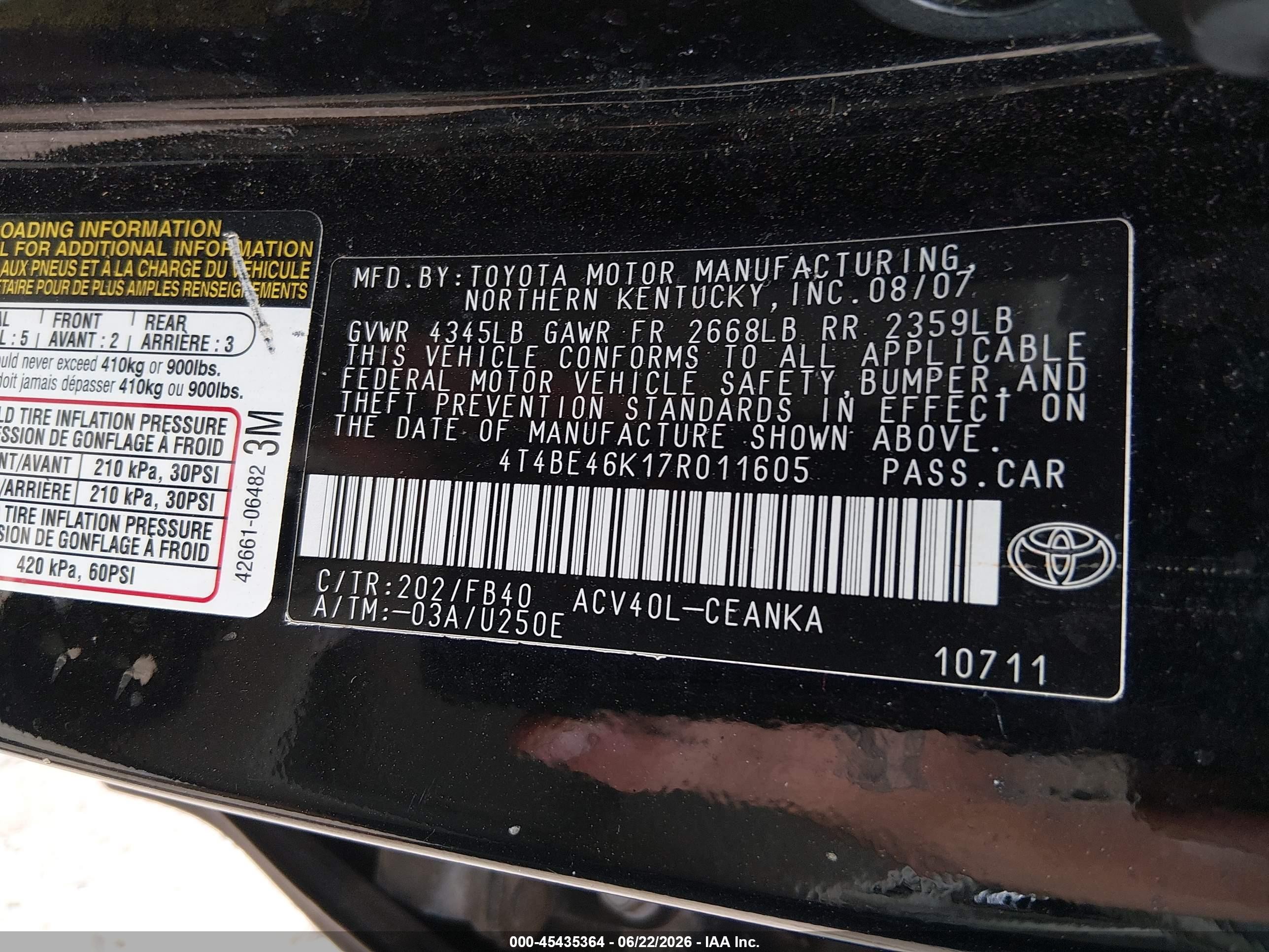 2007 Toyota Camry Le Black vin: 4T4BE46K17R011605