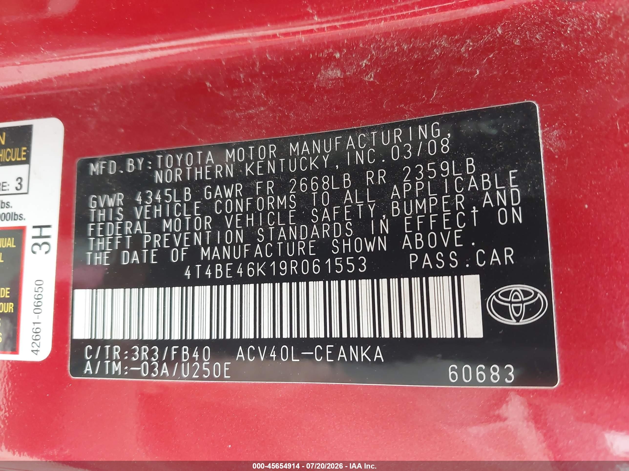 2009 Toyota Camry Le Красный vin: 4T4BE46K19R061553