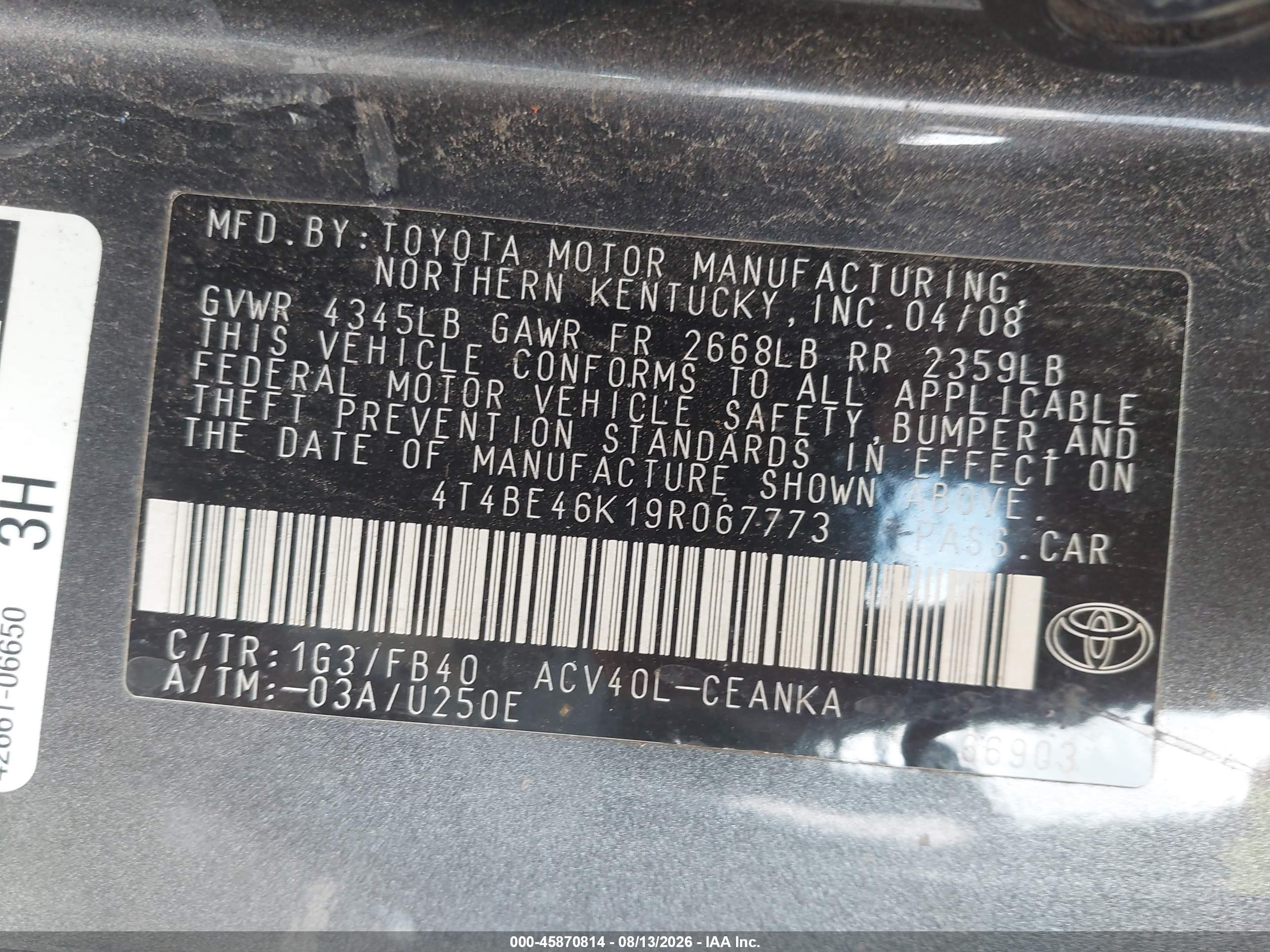 2009 Toyota Camry Le Gray vin: 4T4BE46K19R067773