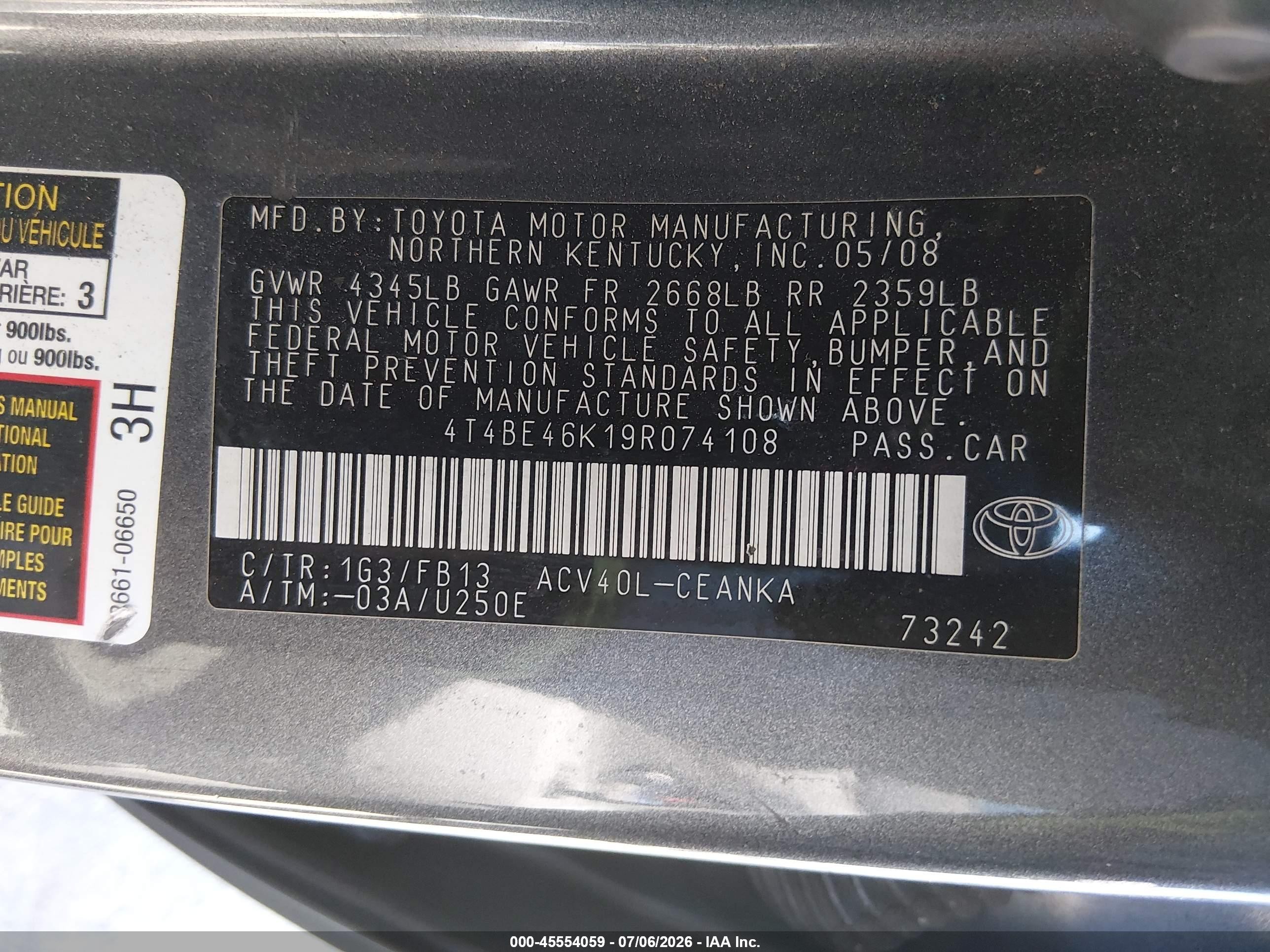 2009 Toyota Camry Le Серый vin: 4T4BE46K19R074108