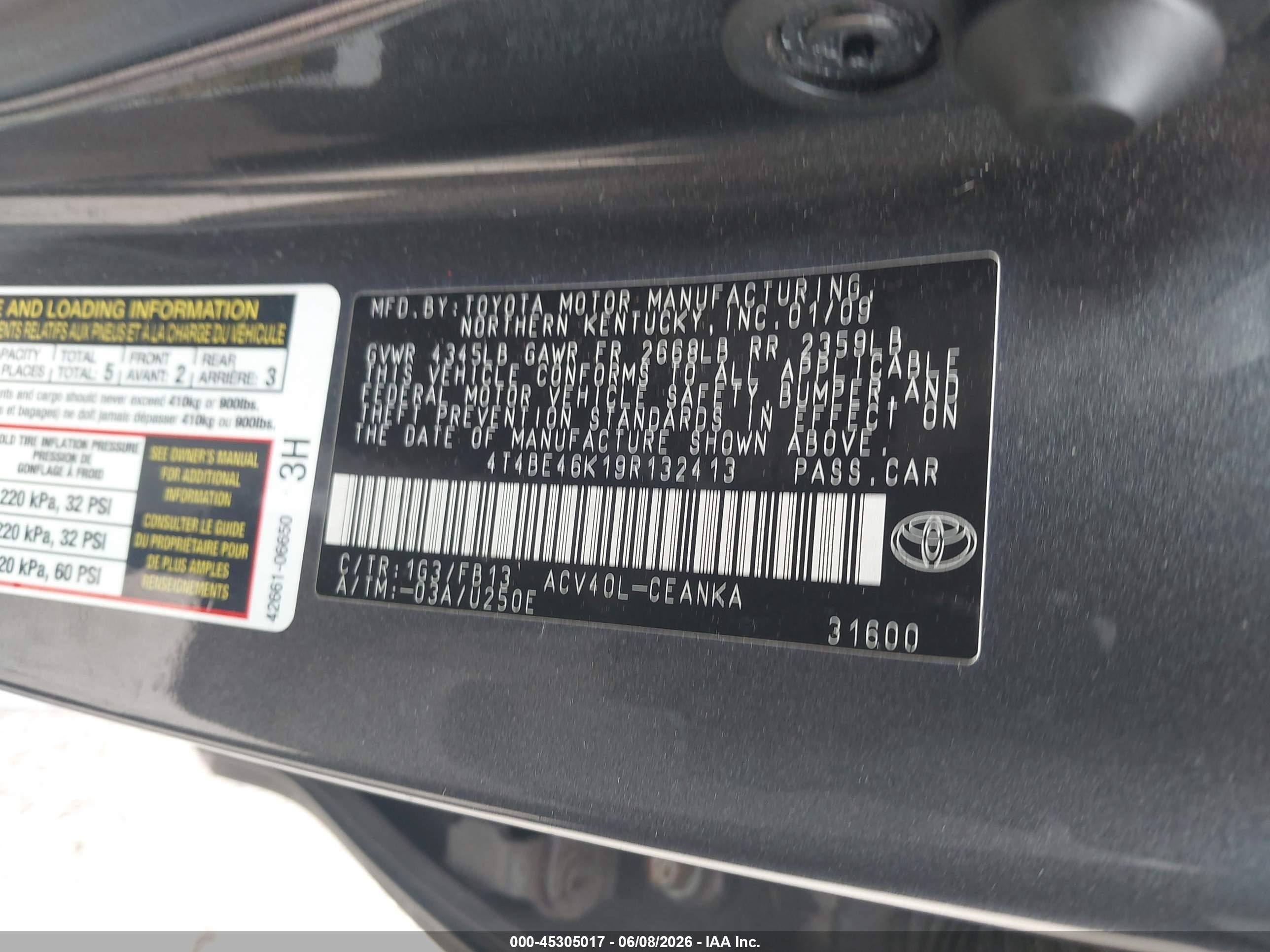 2009 Toyota Camry Le Gray vin: 4T4BE46K19R132413