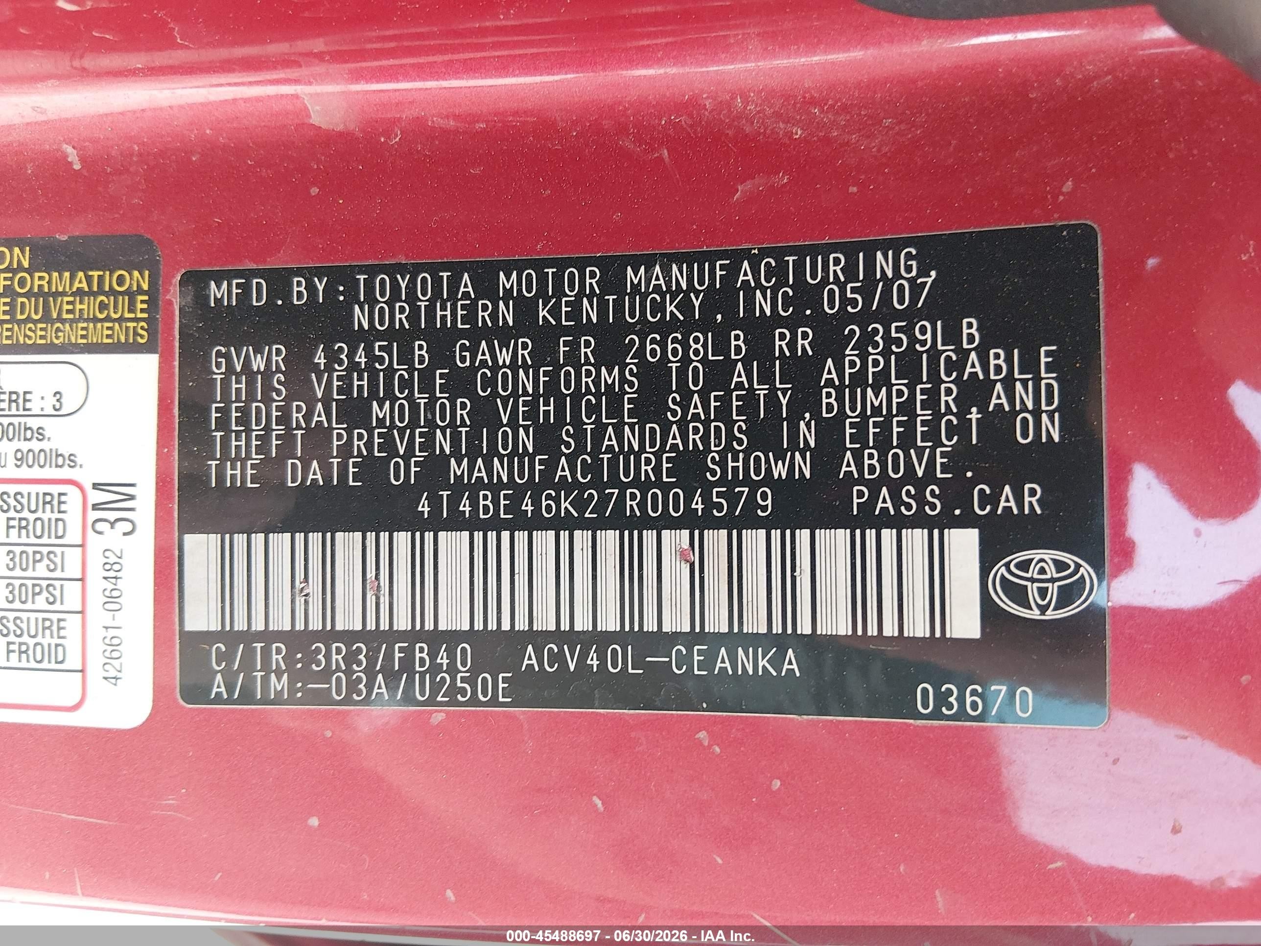 2007 Toyota Camry Le Red vin: 4T4BE46K27R004579