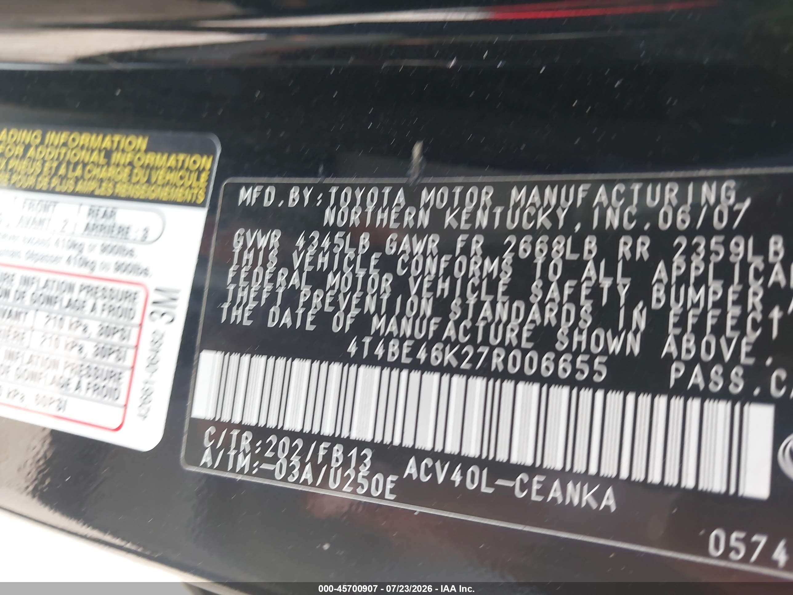 2007 Toyota Camry Le Black vin: 4T4BE46K27R006655