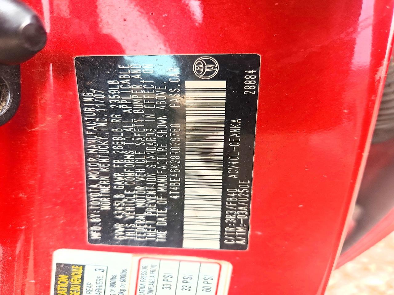 2008 Toyota Camry Le Red vin: 4T4BE46K28R029760