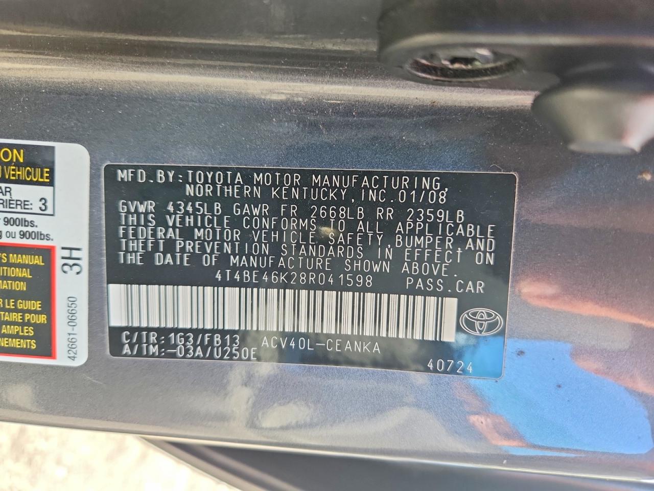 2008 Toyota Camry Le Gray vin: 4T4BE46K28R041598