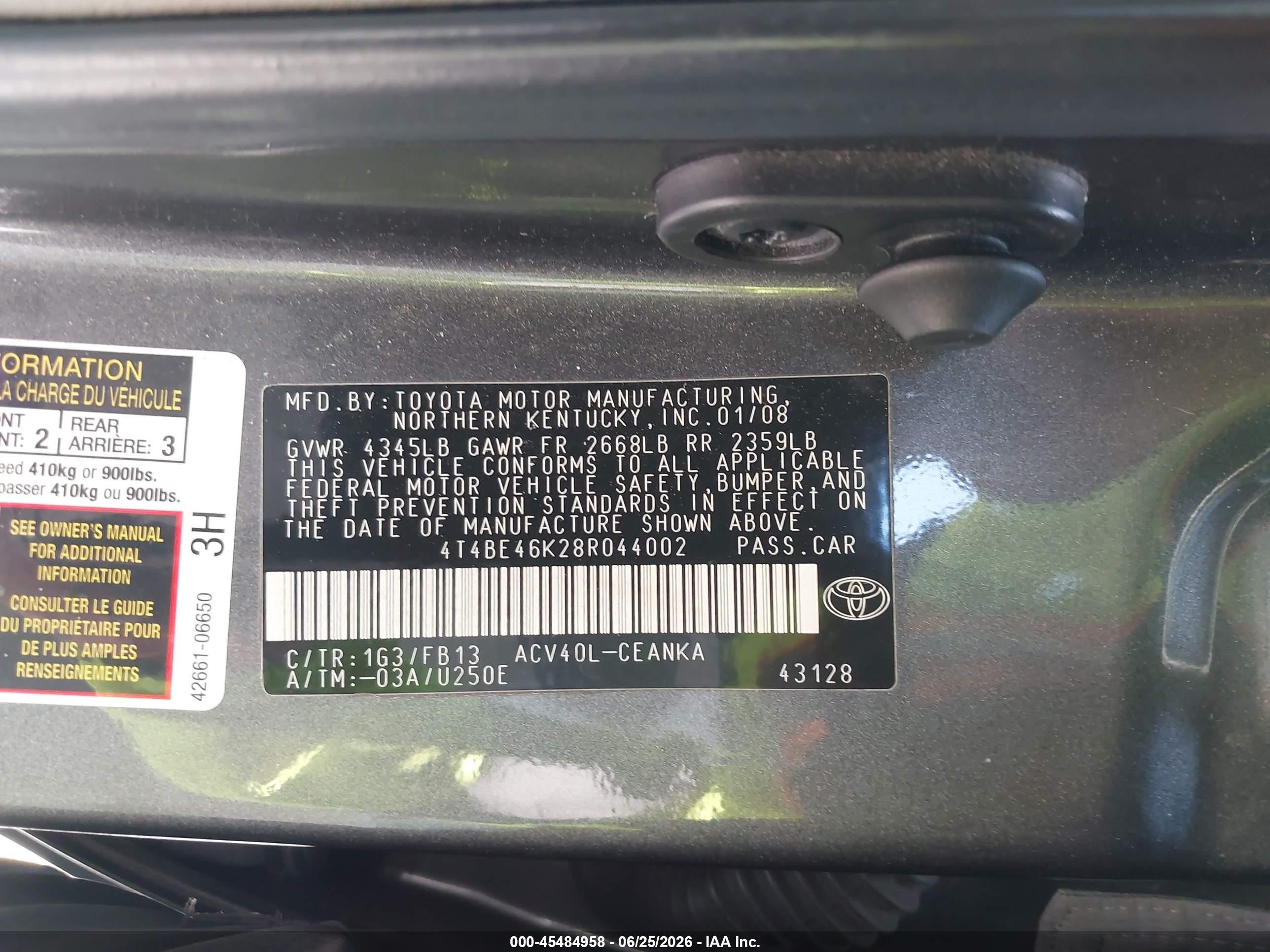 2008 Toyota Camry Le Серый vin: 4T4BE46K28R044002