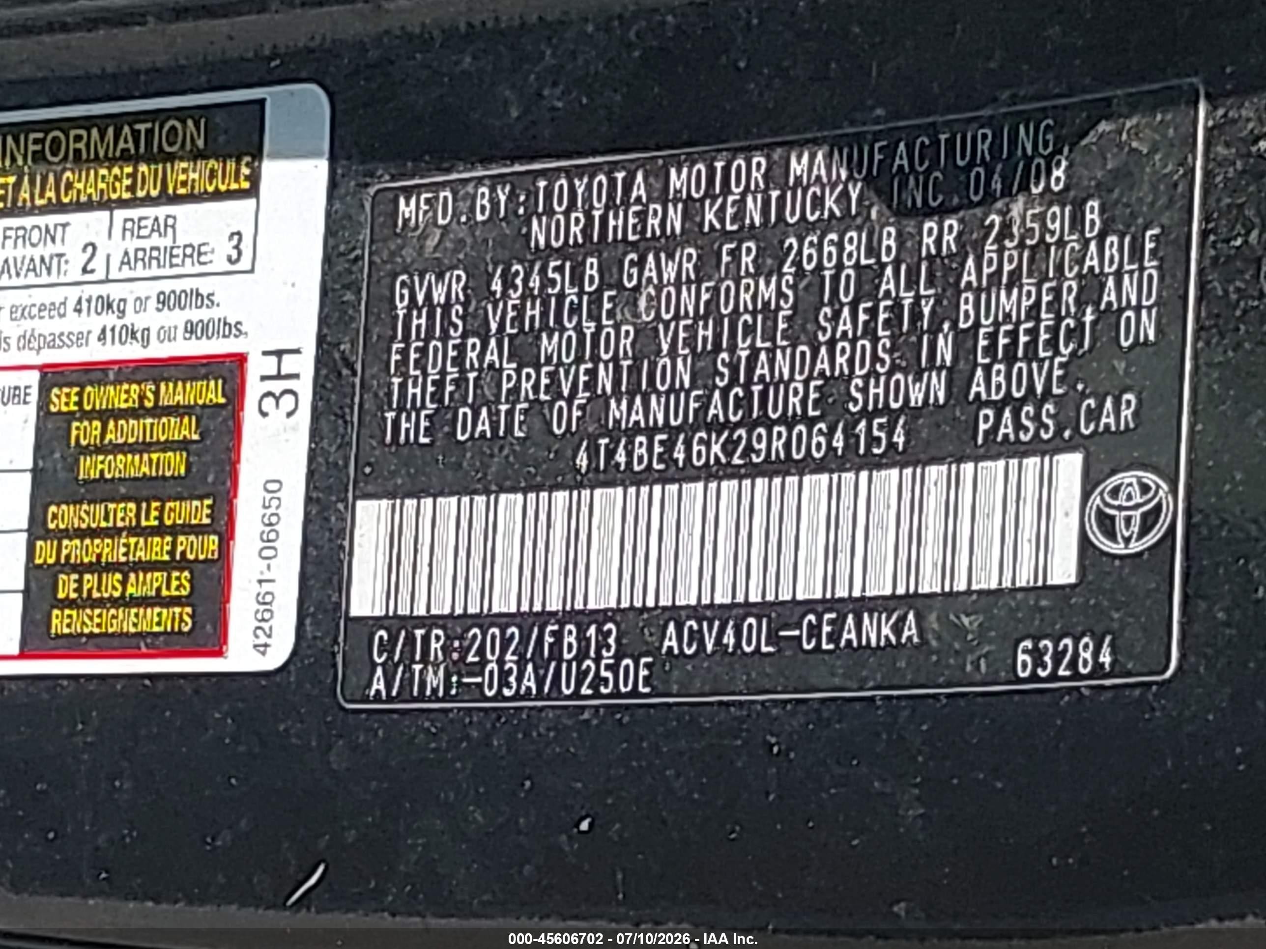 2009 Toyota Camry   Black vin: 4T4BE46K29R064154