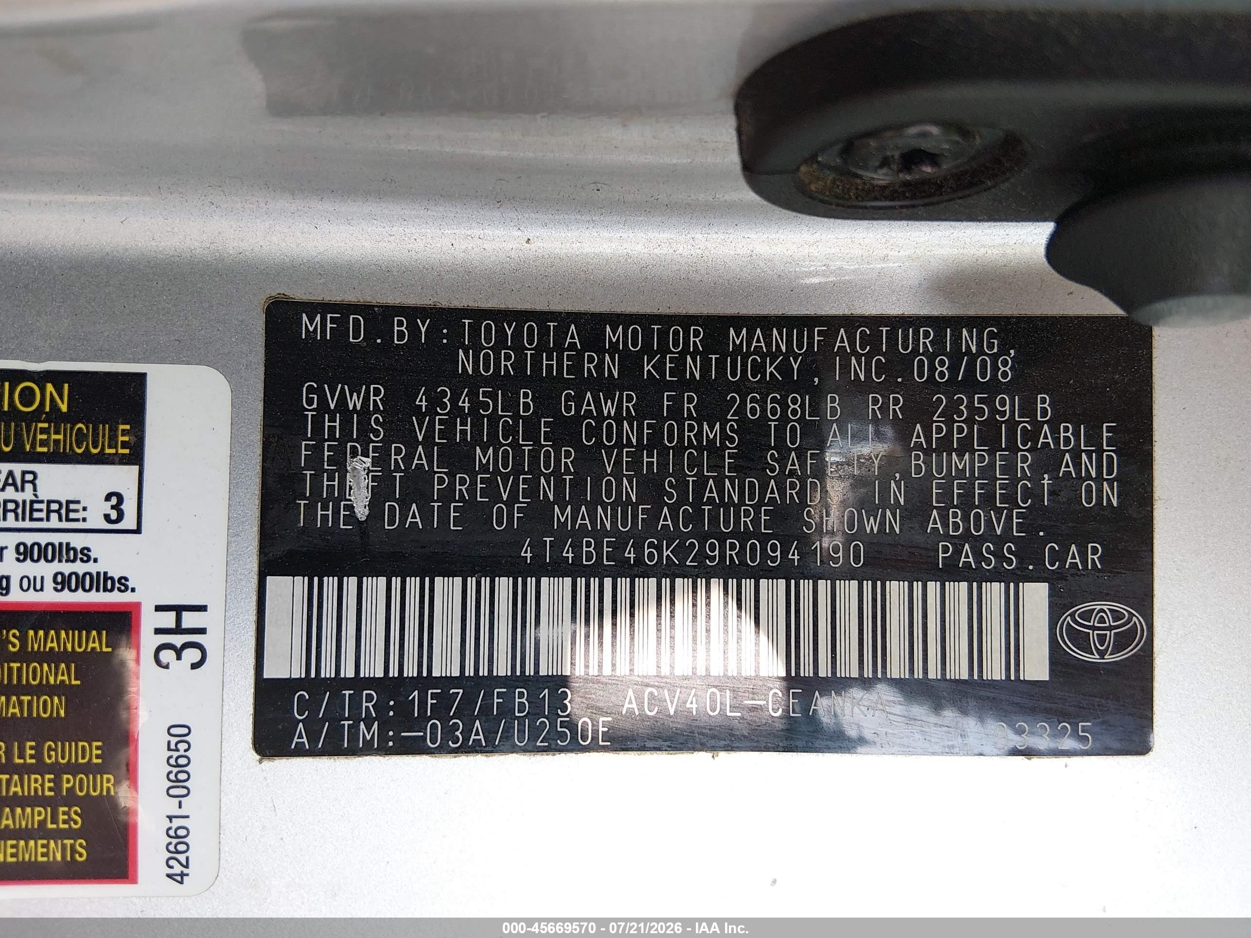 2009 Toyota Camry Silver vin: 4T4BE46K29R094190