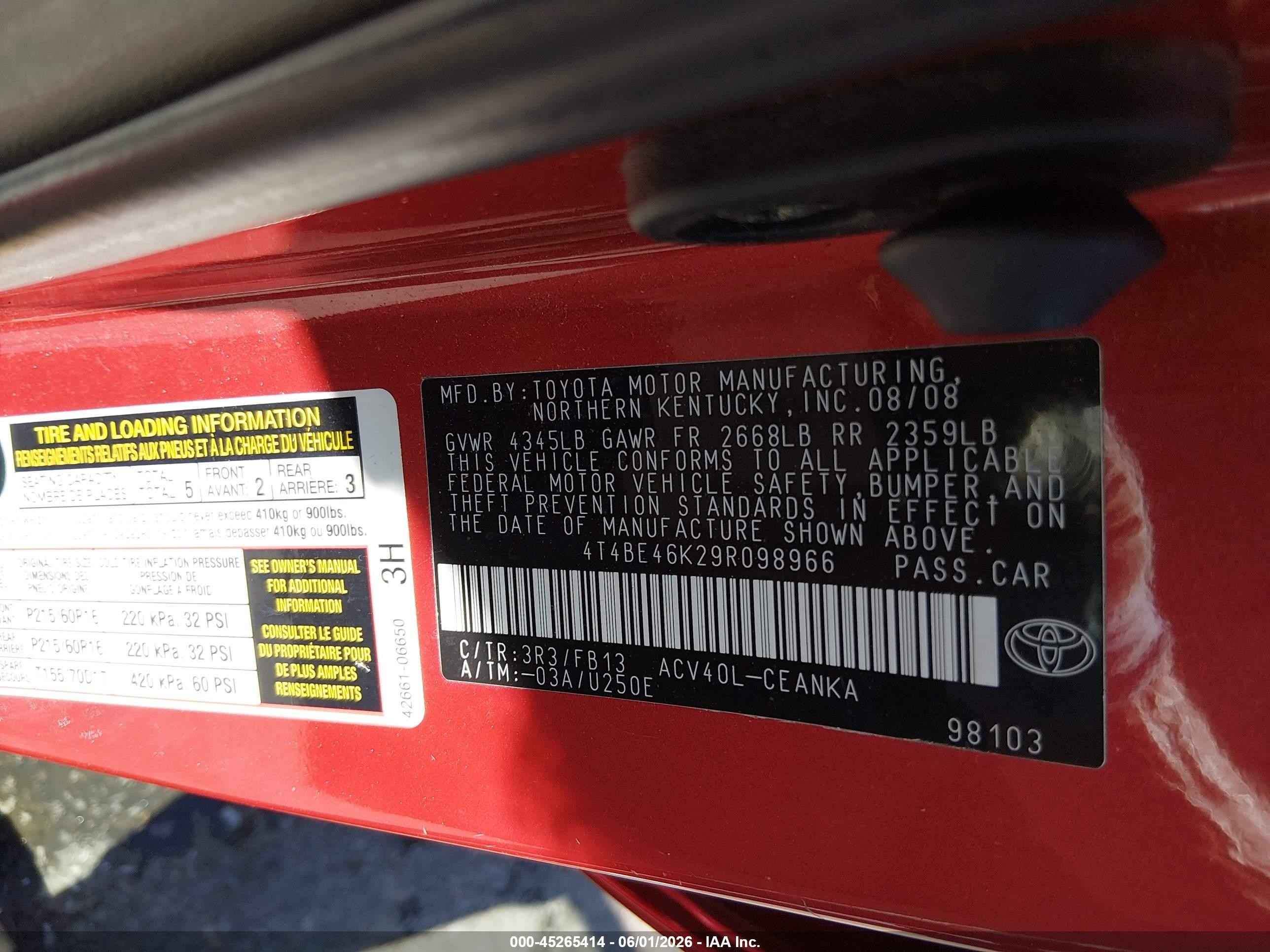 2009 Toyota Camry Le Красный vin: 4T4BE46K29R098966