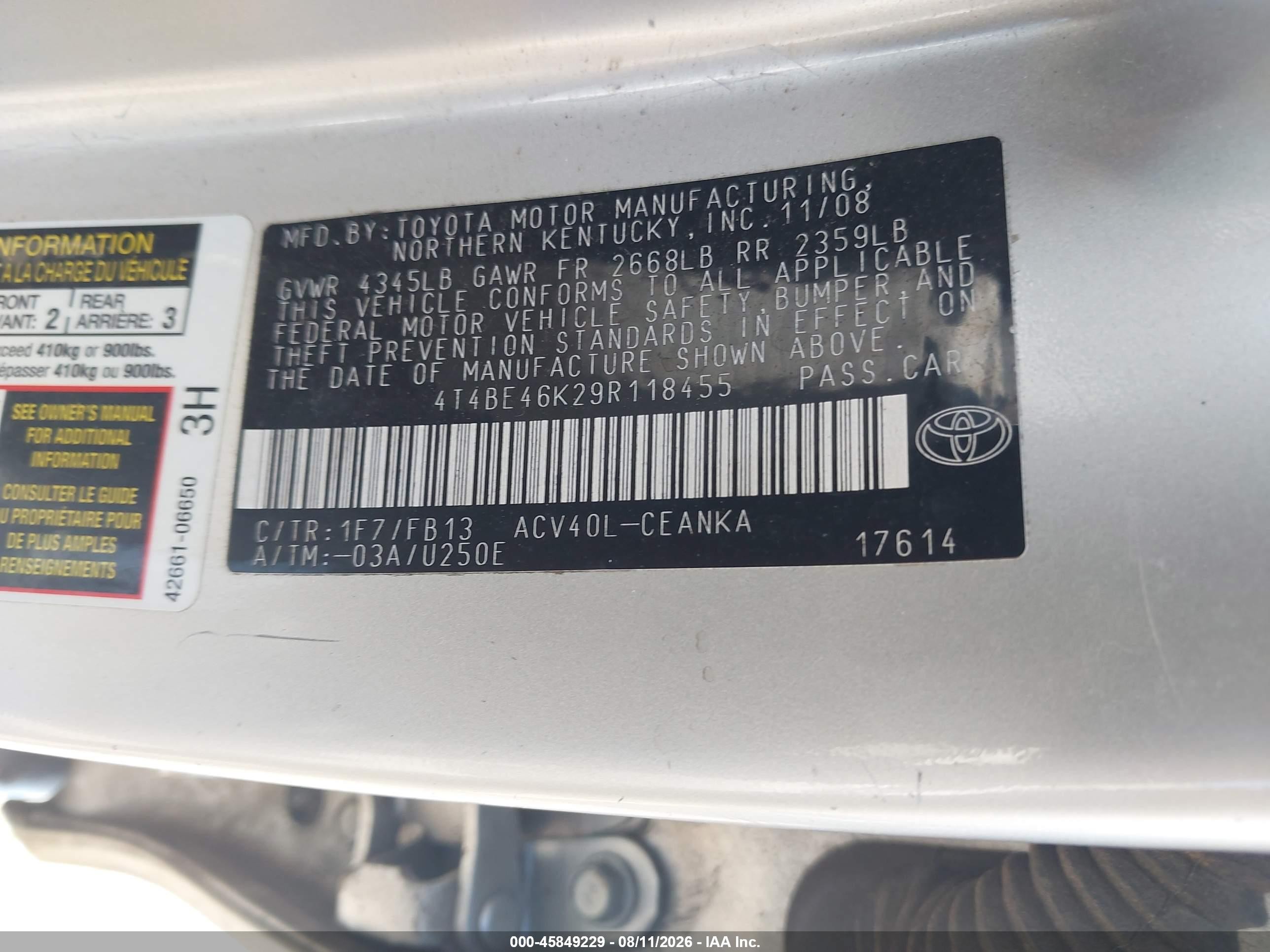 2009 Toyota Camry Le Silver vin: 4T4BE46K29R118455
